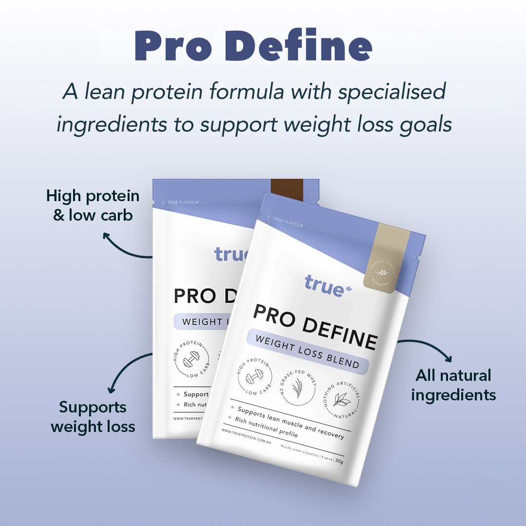True Pro Define weight loss blend sachets — high‑protein, low‑carb lean protein powder with all‑natural ingredients to support weight loss and lean muscle recovery; Australian protein supplement.