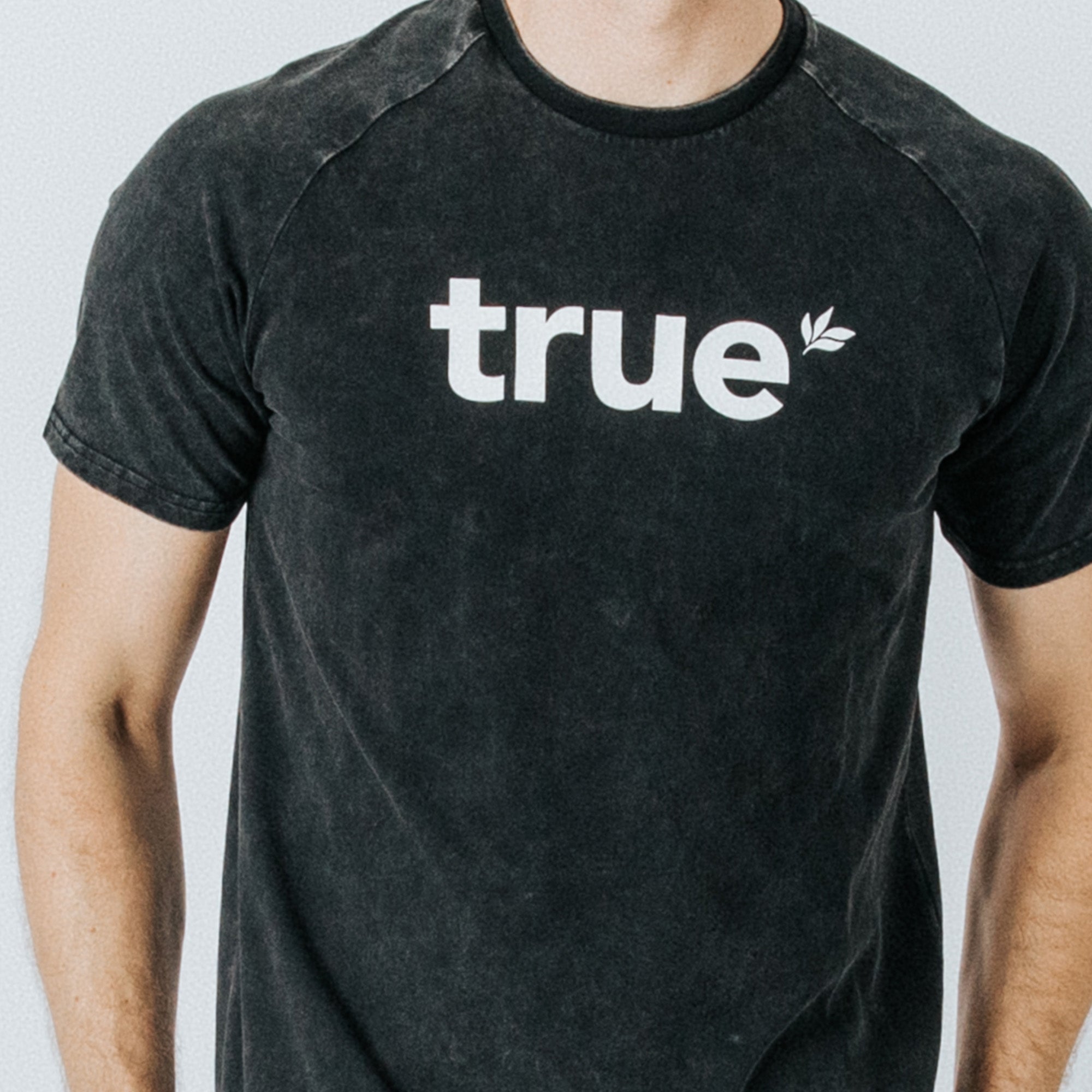 Men’s charcoal vintage-wash crewneck t-shirt, front view showing white “true” logo with leaf accent, short sleeves, casual fitted tee for everyday wear.