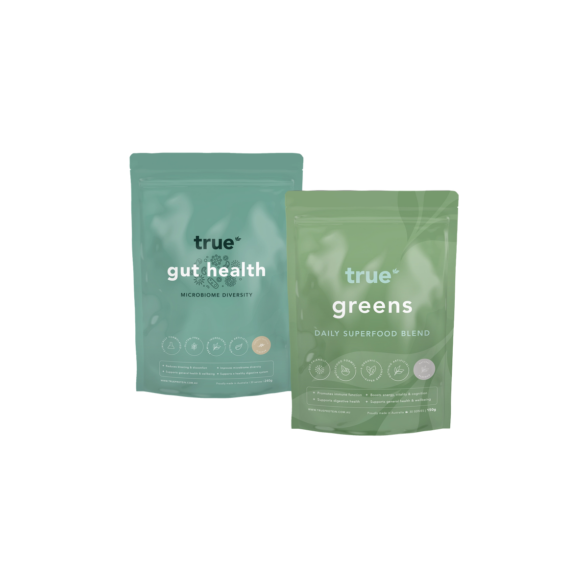 Two stand-up pouches of True Protein supplements on a plain white background: a mint green pouch labeled &