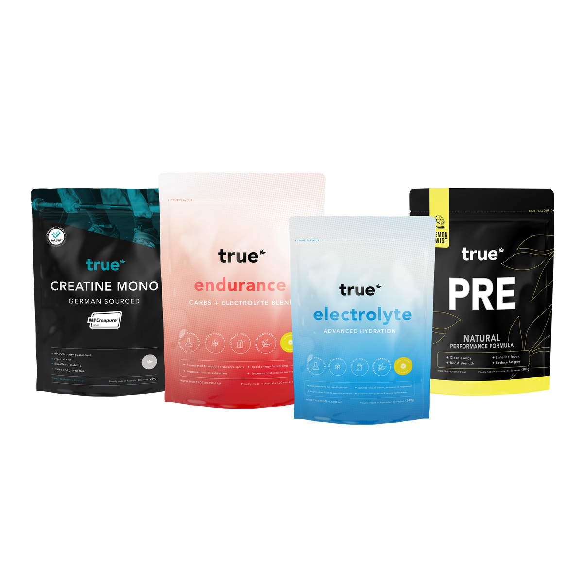 Four stand-up pouches of True Protein supplements arranged side by side on a white background: Creapure Creatine, Endurance, Electrolyte, and Pre.