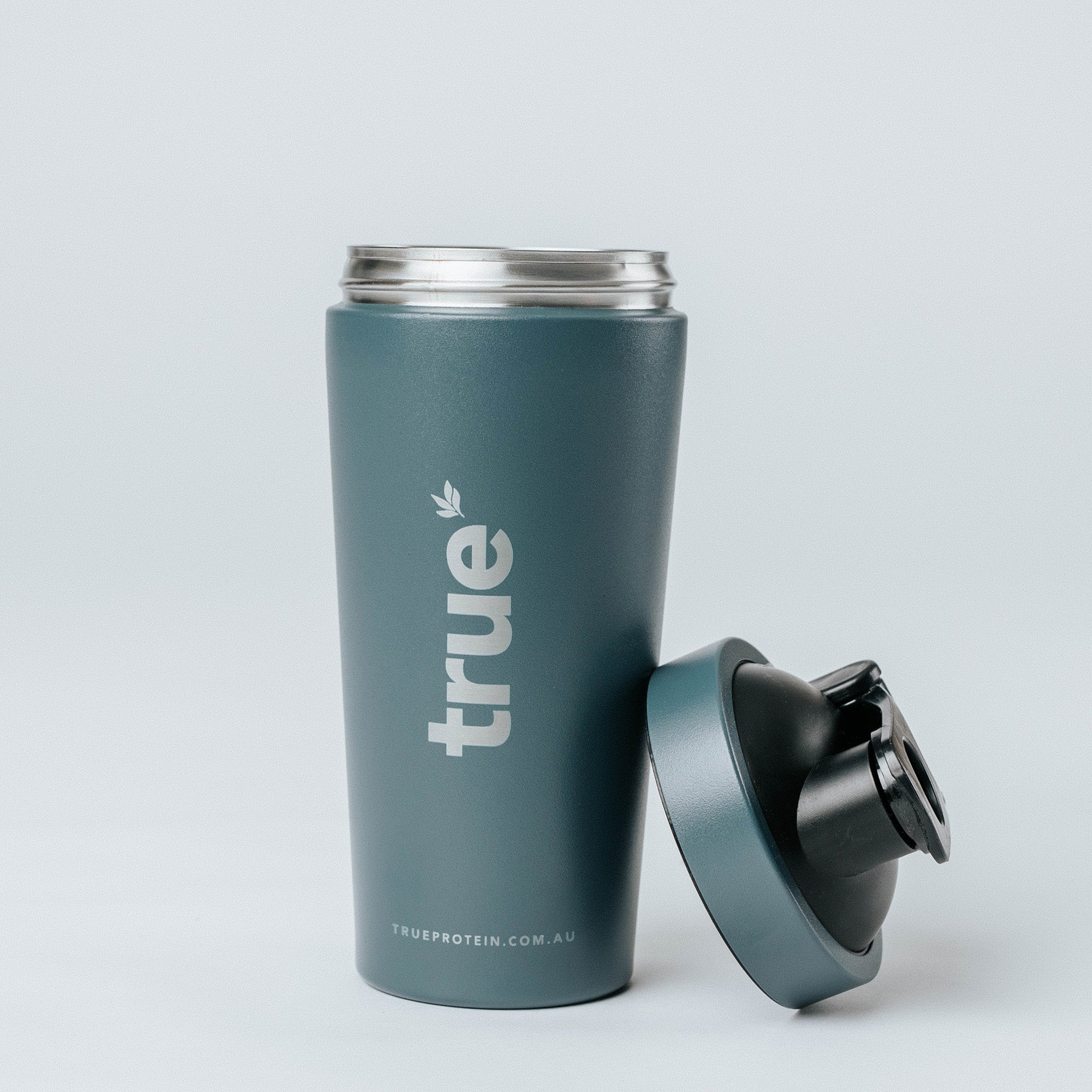 Navy stainless steel True Protein shaker bottle with screw-on lid removed, vacuum insulated protein shaker tumbler — TrueProtein Australia product image
