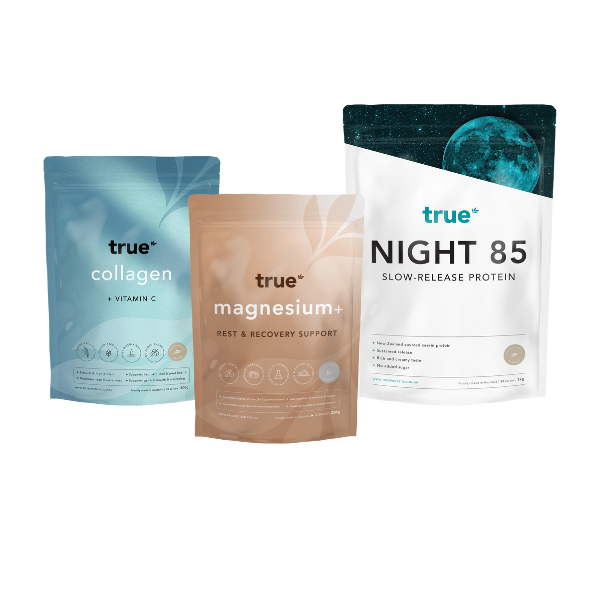 Three stand-up pouches of True Protein supplements on a solid white background: collagen + Vitamin C in light blue, magnesium+ in warm beige, and Night 85 Slow Release Protein in white with a dark blue/black top section.