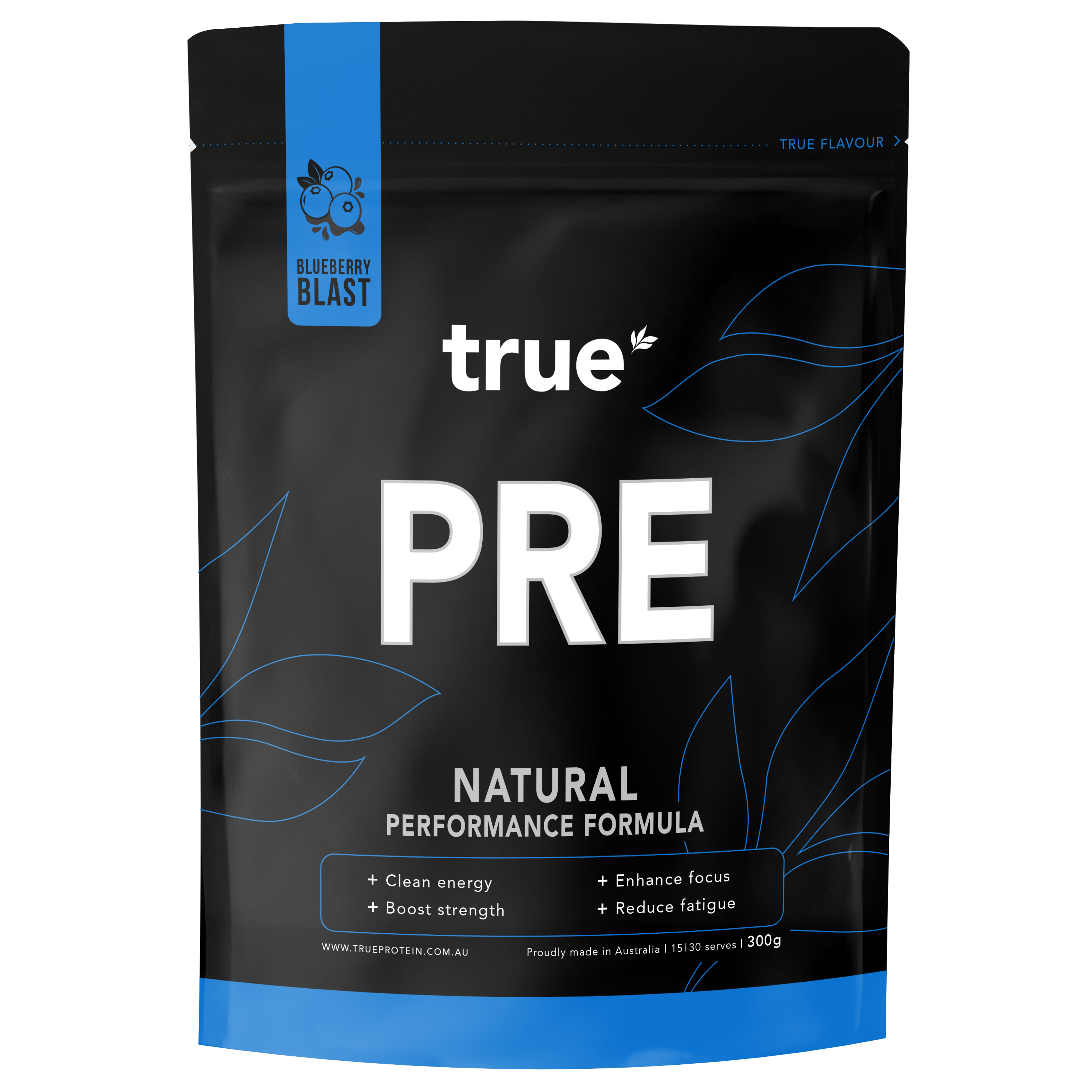 True Protein PRE pre-workout powder pouch, Blueberry Blast flavor, 300g natural performance formula, black resealable bag with blue accents — made in Australia.