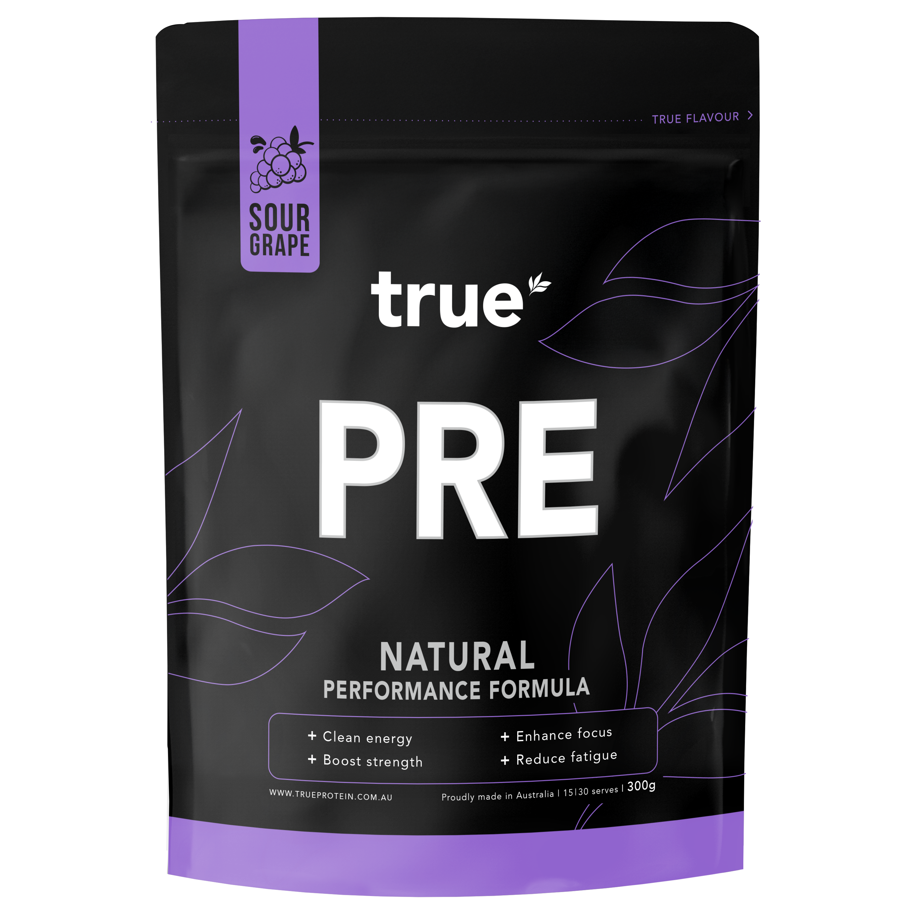 True PRE pre-workout powder pouch by True Protein — sour grape flavour, natural performance formula, 300g black and purple resealable bag, made in Australia