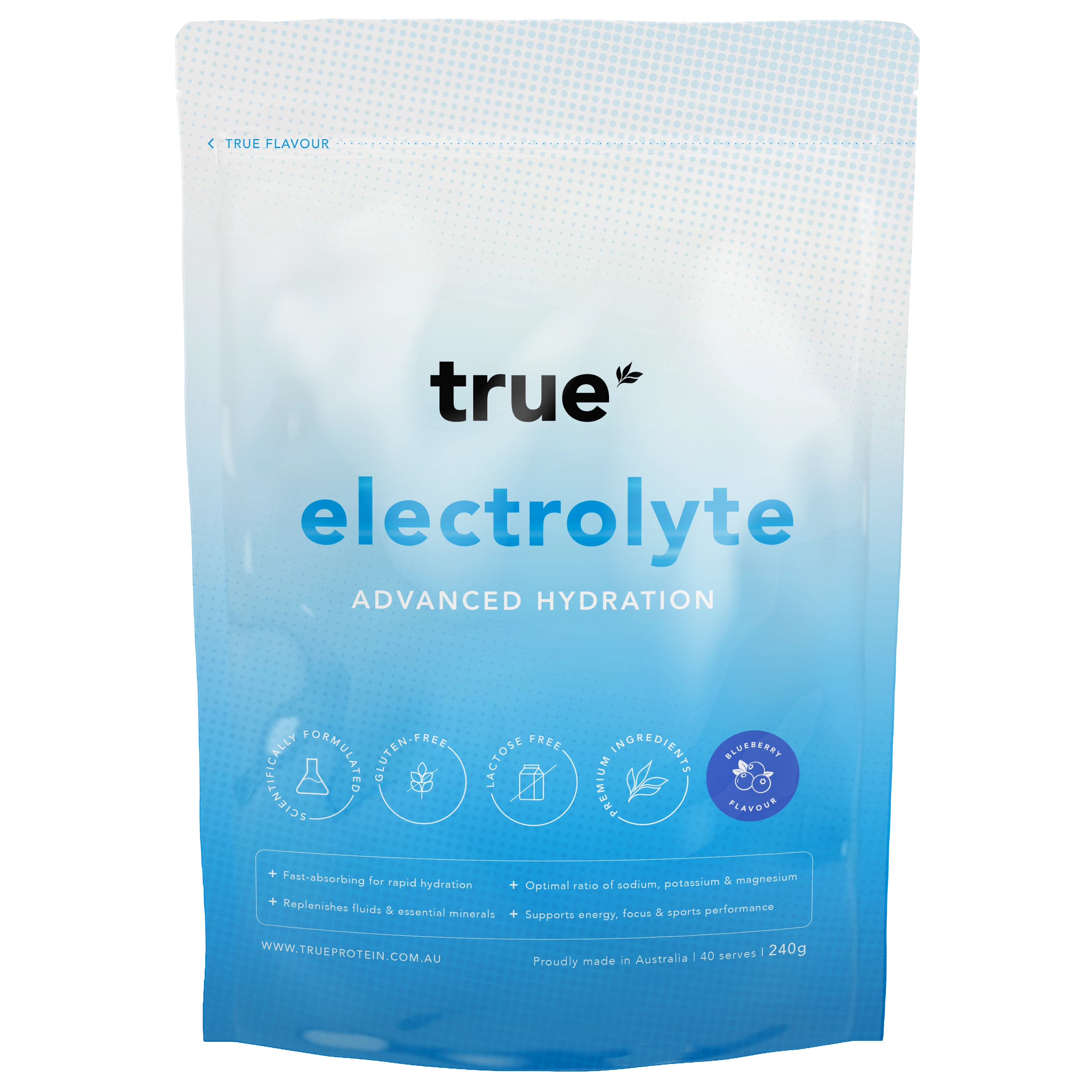 True Electrolyte advanced hydration powder blueberry flavour 240g resealable pouch — True Protein electrolyte drink mix for sports, rapid hydration, sodium potassium magnesium formula, proudly made in Australia.