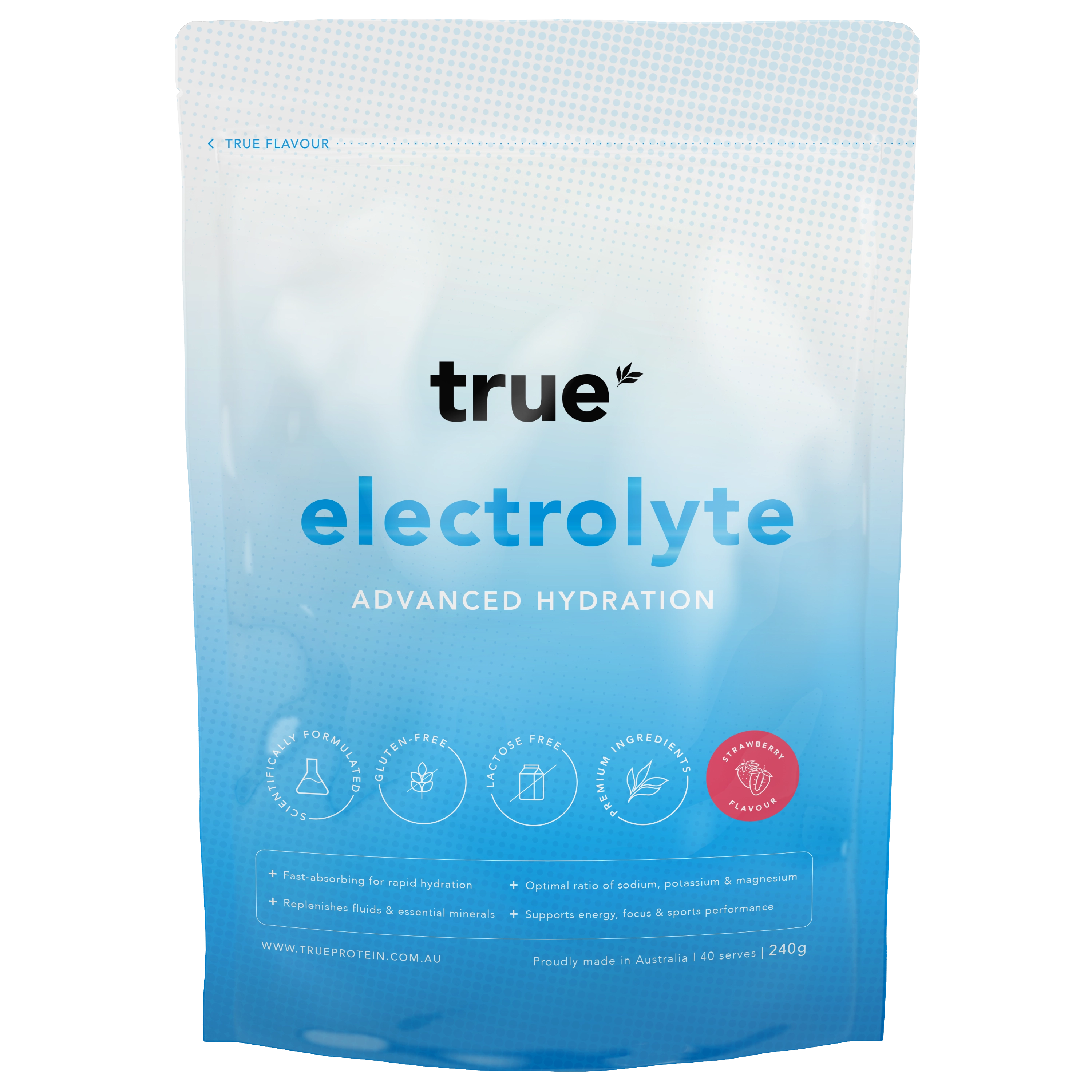 True electrolyte hydration powder pouch by True — strawberry flavour 240g (40 serves), blue-white gradient resealable bag, "Advanced Hydration" label, gluten‑free/lactose‑free icons, made in Australia — sports drink electrolyte powder packaging.