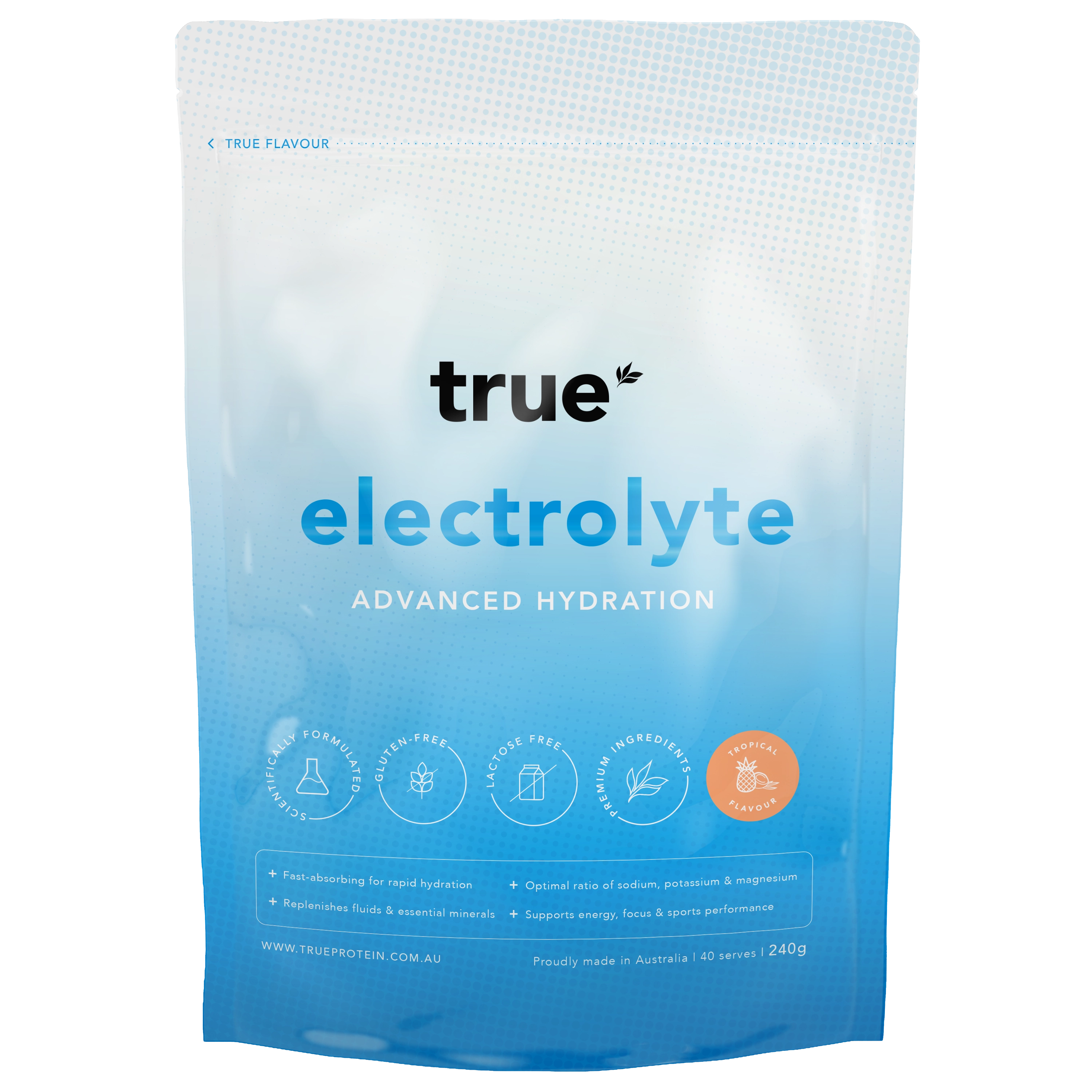 True electrolyte advanced hydration powder pouch 240g, tropical flavour, blue gradient resealable pack, True Protein, made in Australia