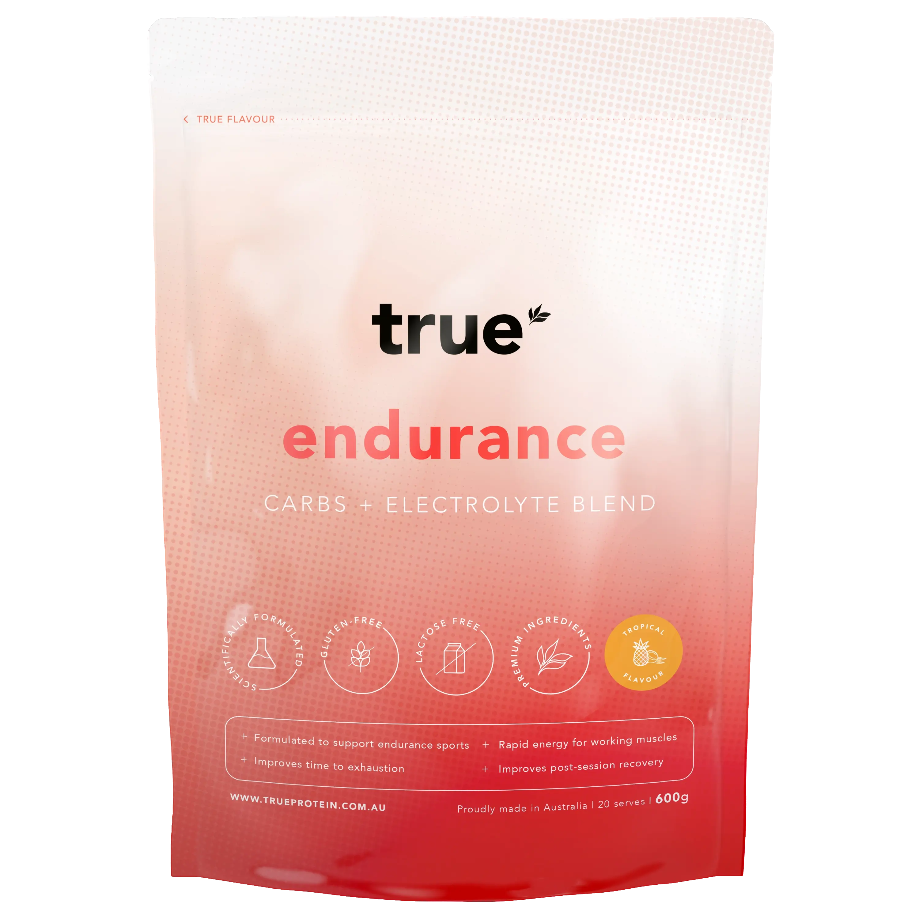 True Endurance carbs + electrolyte blend pouch, 600g tropical flavour, pink-red resealable sports drink powder by True Protein – 20 serves, gluten-free, lactose-free, proudly made in Australia.