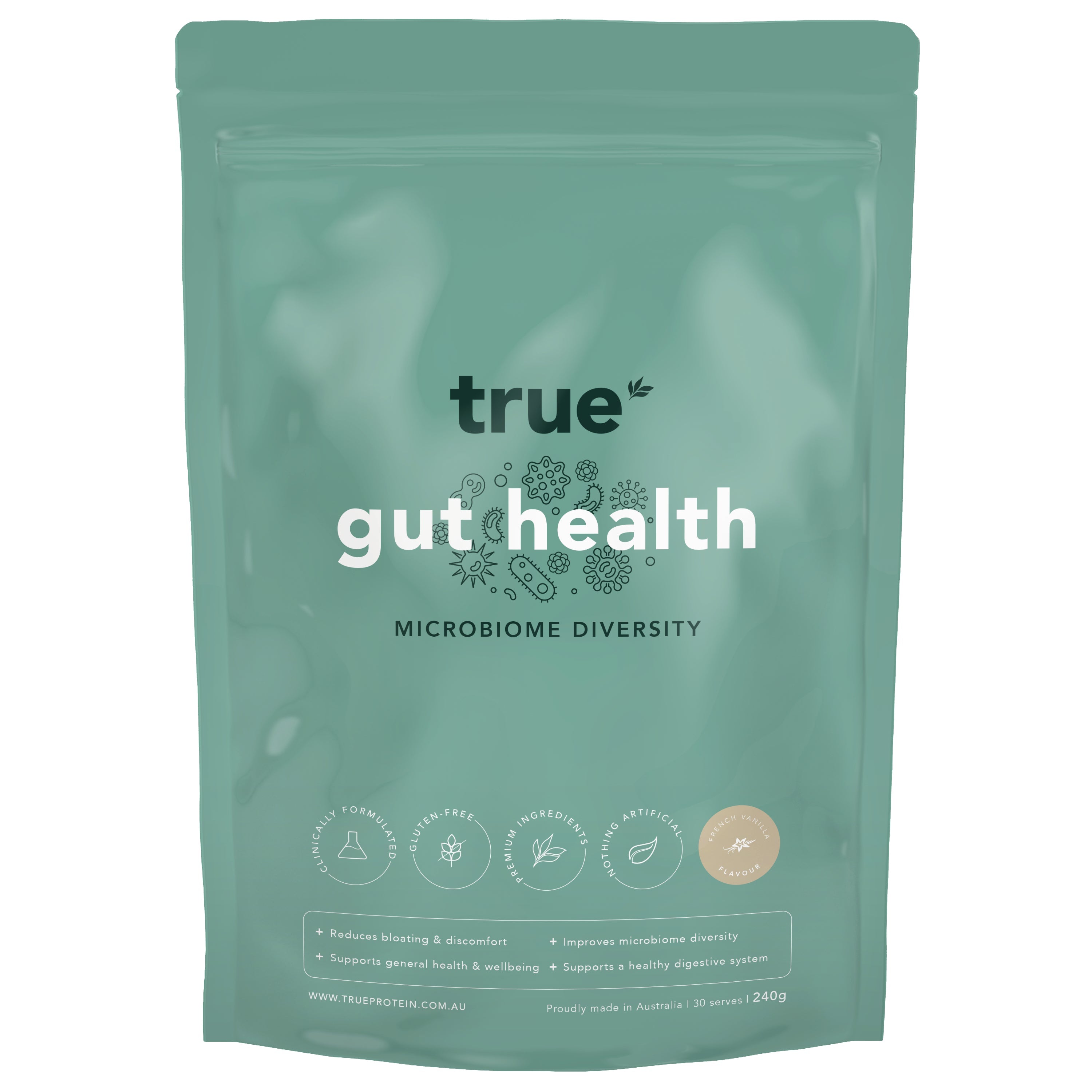 True Gut Health microbiome diversity powder pouch — teal resealable 240g bag, French Vanilla flavour, digestive support supplement for gut health (Australia)
