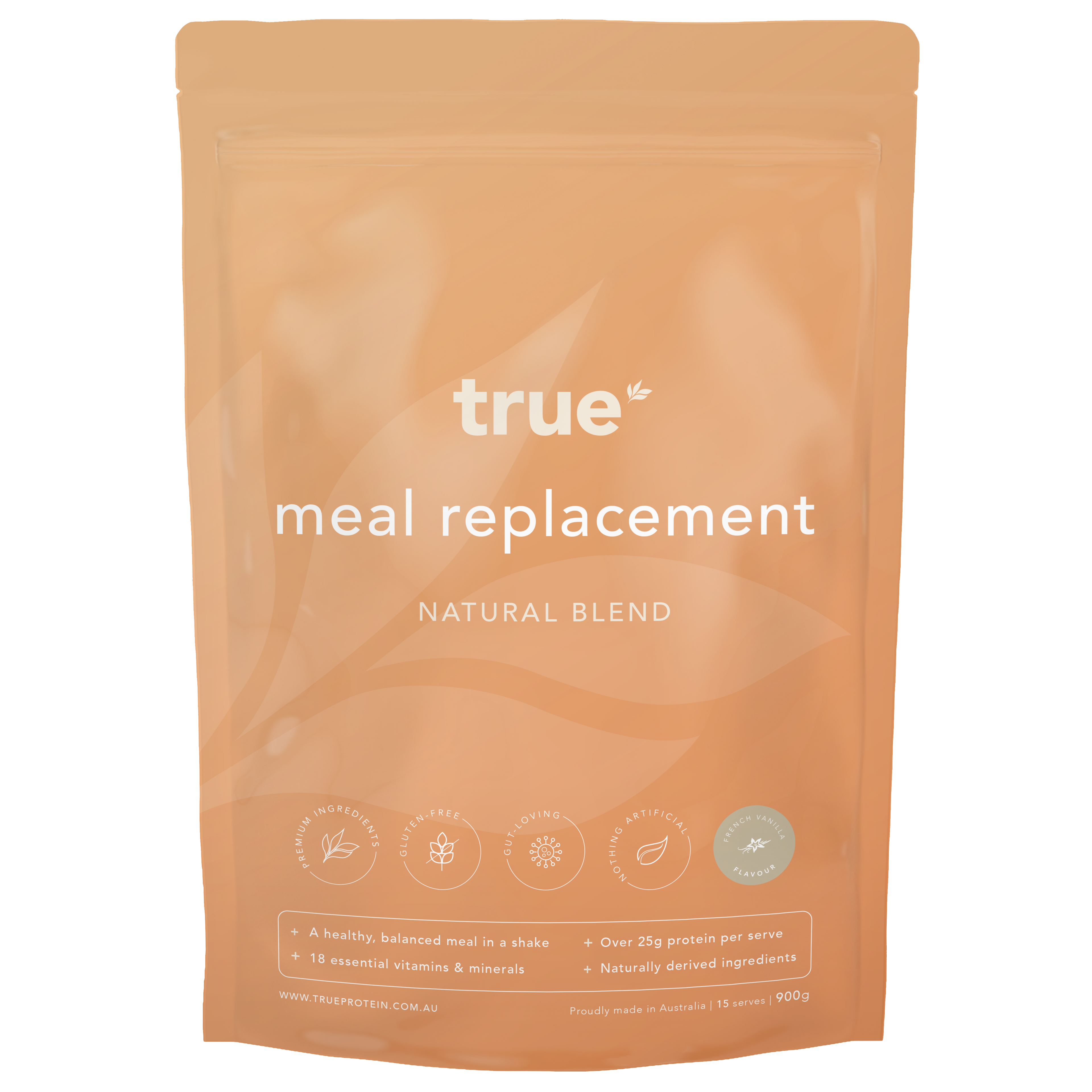 True meal replacement natural blend pouch – French Vanilla flavour protein powder 900g, Australian-made meal replacement shake with 25g+ protein per serve, vitamins & minerals, natural ingredients