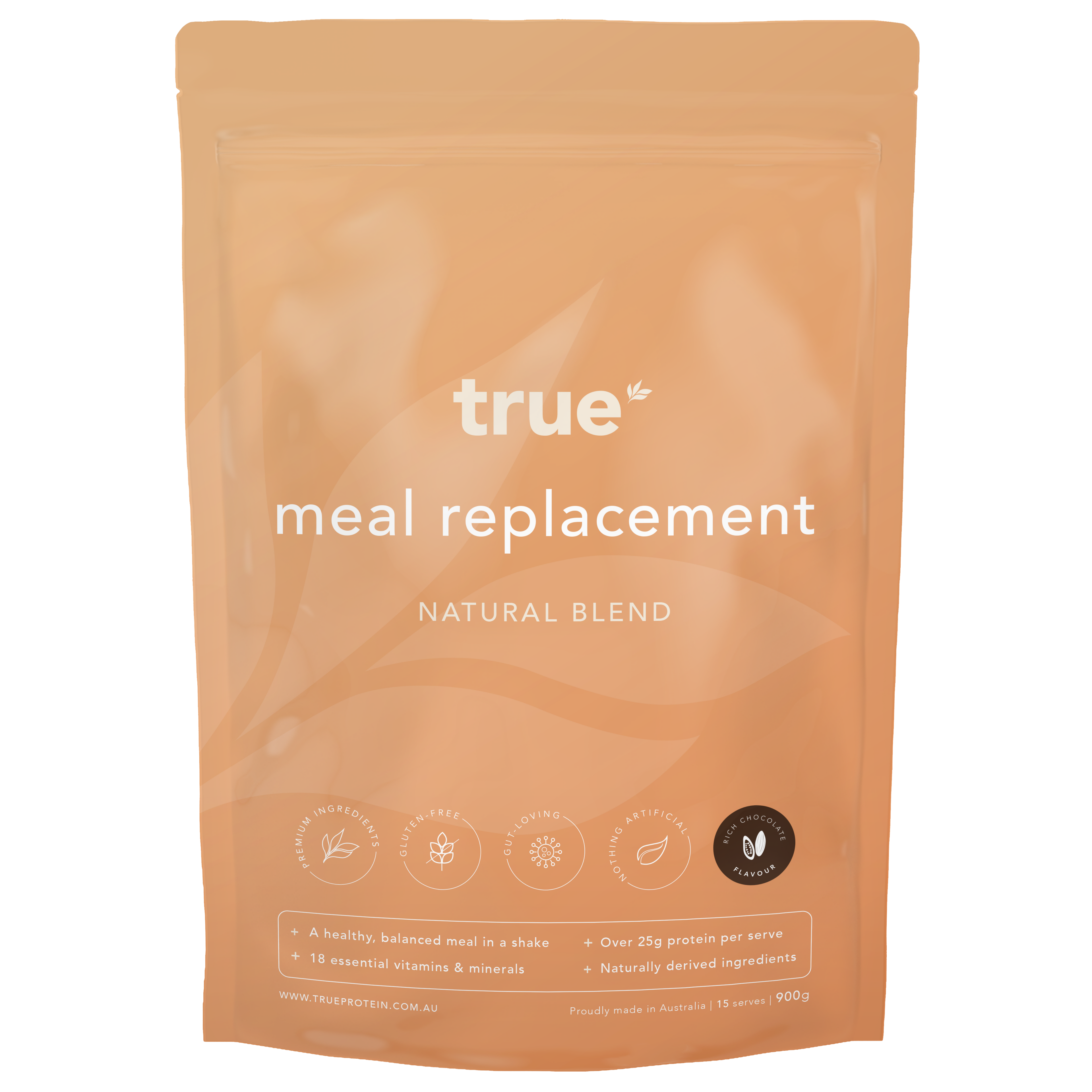 True meal replacement natural blend pouch by True Protein — 900g resealable orange pouch, rich chocolate flavour, over 25g protein per serve, 18 vitamins & minerals, gluten-free, naturally derived ingredients, proudly made in Australia.