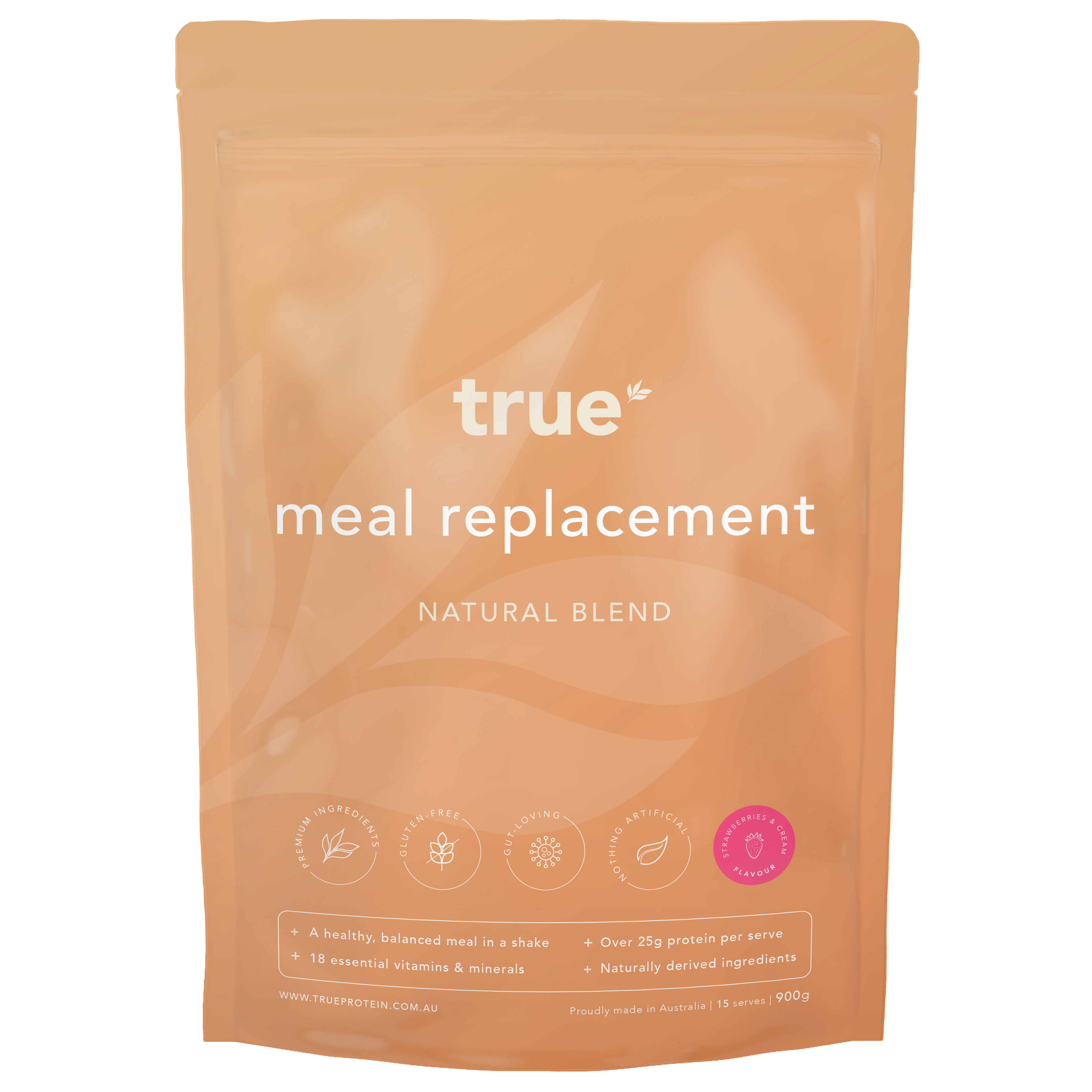 True Meal Replacement natural blend powder pouch, strawberry & cream flavour, 900g resealable bag — Australian-made meal replacement shake with 25g+ protein per serve, 18 vitamins & minerals, gluten-free, naturally derived ingredients.
