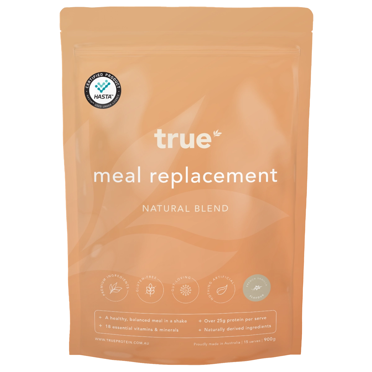 True meal replacement natural blend pouch – 900g French Vanilla meal‑replacement powder, 25g+ protein per serve, HASTA certified, made in Australia, beige resealable packaging