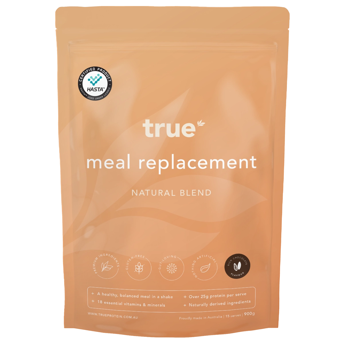 True meal replacement natural blend pouch 900g – Australian-made protein shake powder by True, natural blend meal replacement packaging with HASTA certification (chocolate flavour)