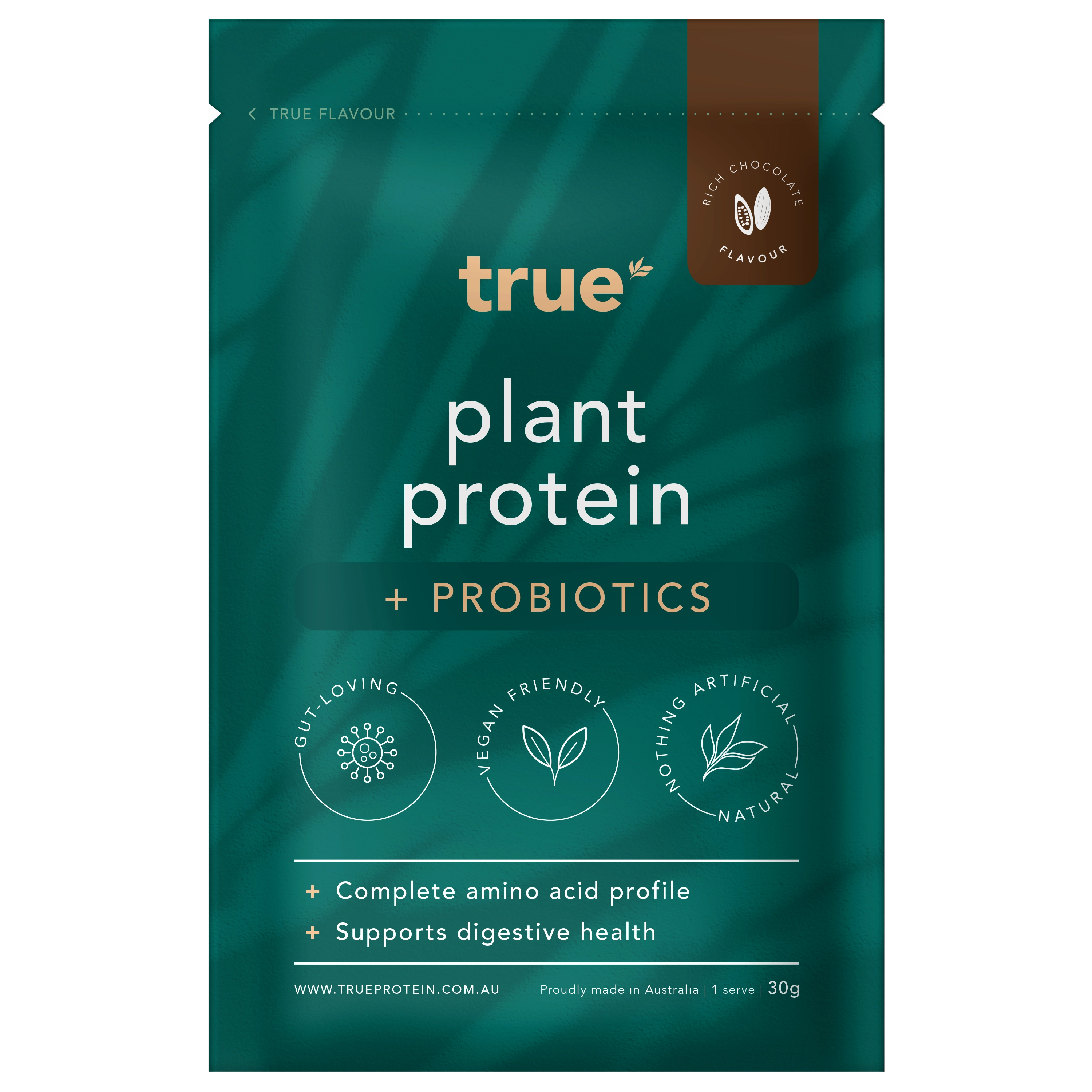 True plant protein + probiotics rich chocolate 30g single-serve teal pouch by True — vegan-friendly, gut-supporting, made in Australia