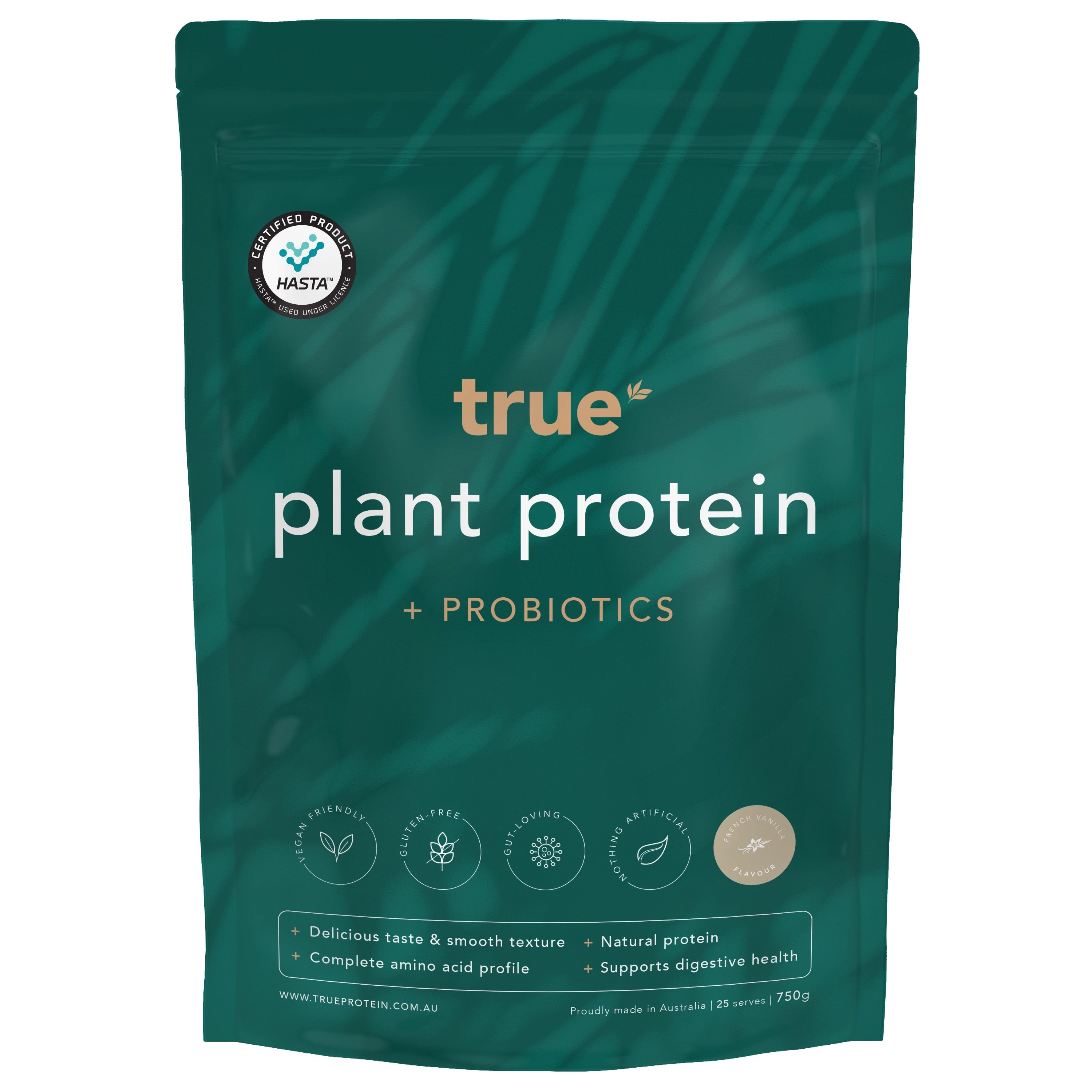 True plant protein + probiotics powder pouch, 750g French vanilla, vegan & gluten-free plant-based protein powder, natural protein, complete amino acid profile, supports digestive health, proudly made in Australia.