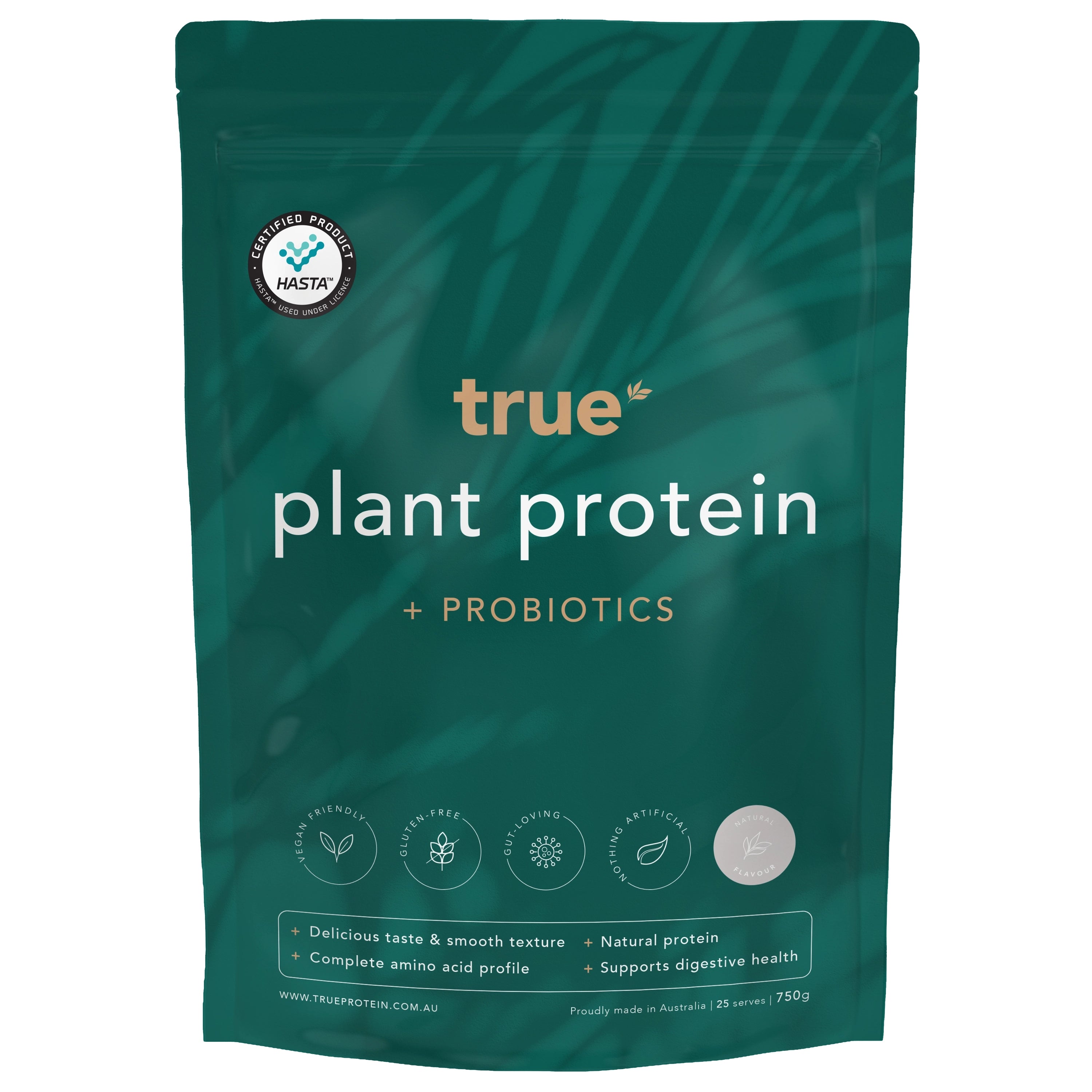 True plant protein + probiotics resealable green pouch (750g) – natural flavour, vegan & gluten-free plant-based protein powder, supports digestive health, proudly made in Australia.