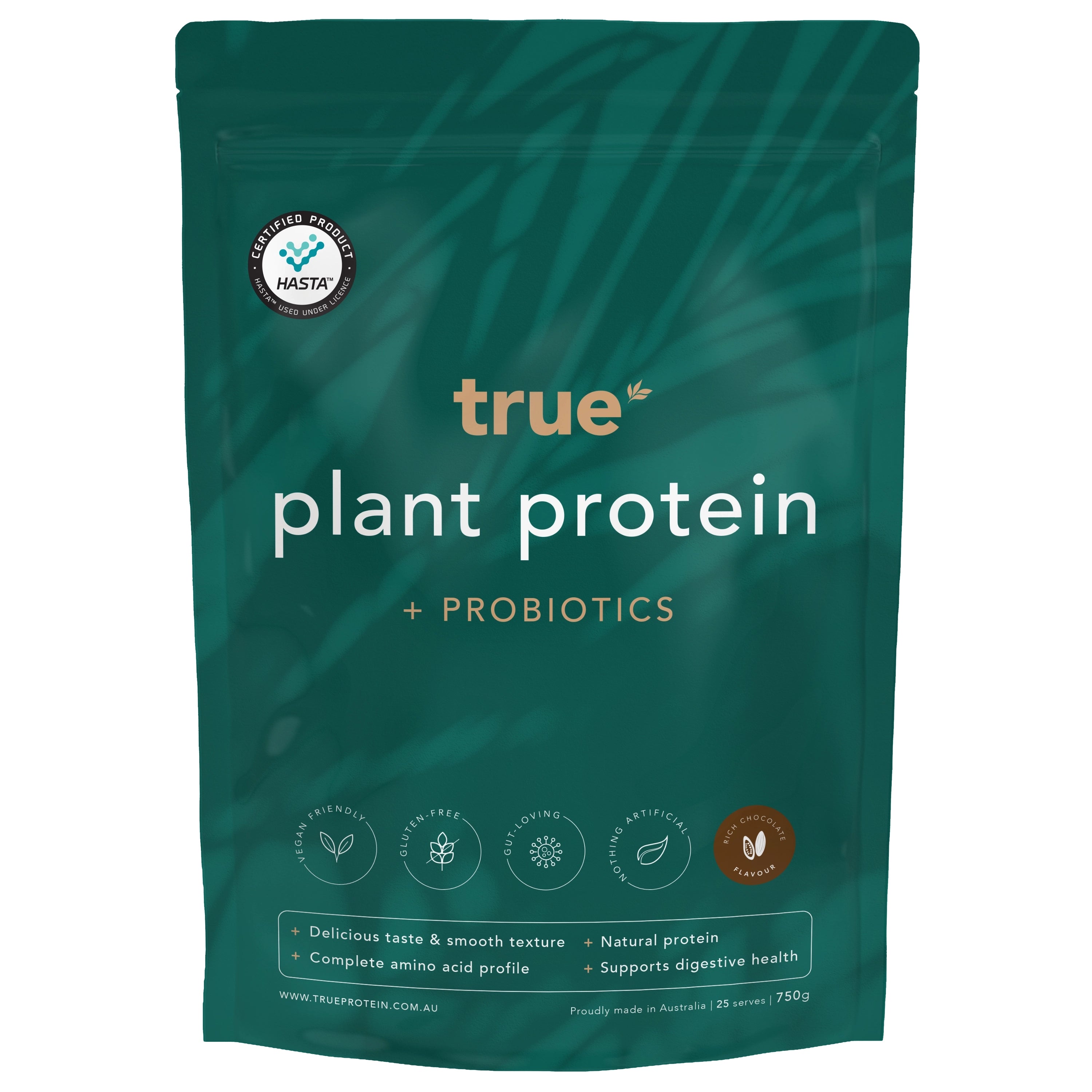 True plant protein + probiotics pouch by True — teal resealable 750g bag (25 serves), vegan, gluten-free, gut-loving, natural protein, rich chocolate flavour, proudly made in Australia.