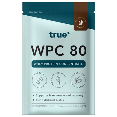 True Protein WPC 80 whey protein concentrate 30g sample pouch — Rich Chocolate flavour, NZ grass‑fed whey, high protein low carb, natural no artificial ingredients, supports lean muscle and recovery; made in Australia.