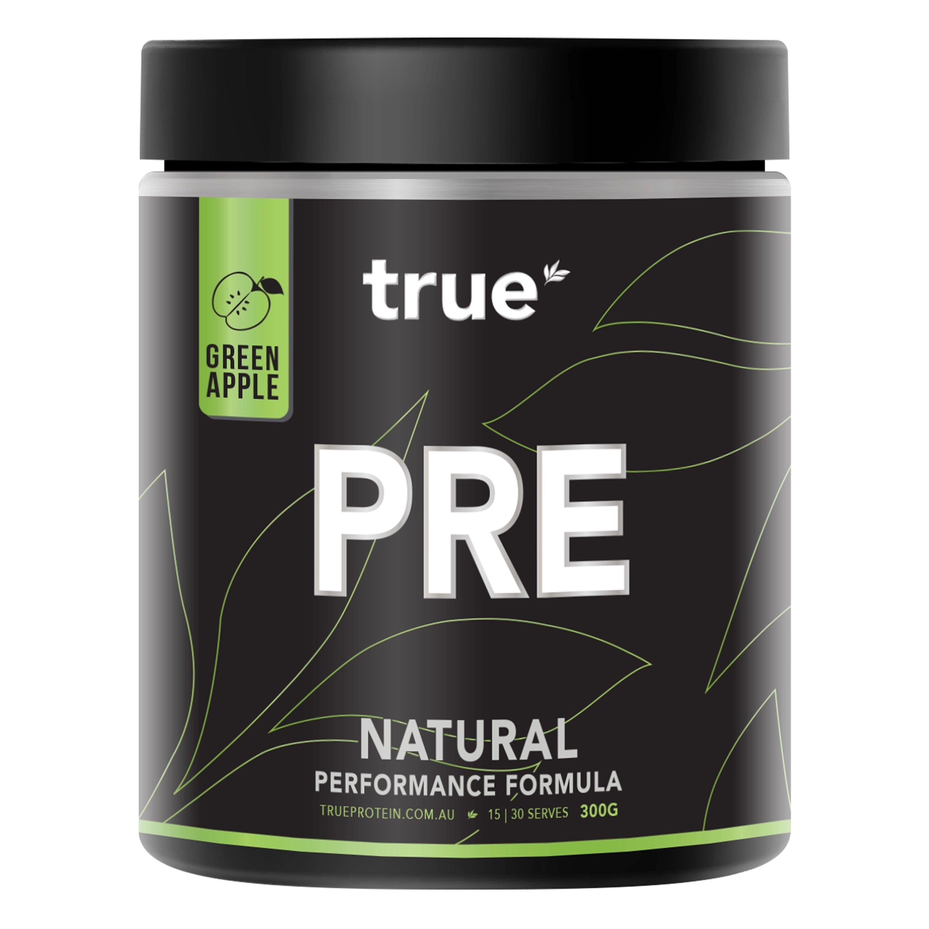 True Protein PRE natural pre-workout powder jar – green apple flavour, 300g black tub with green accents, Australian sports supplement packaging