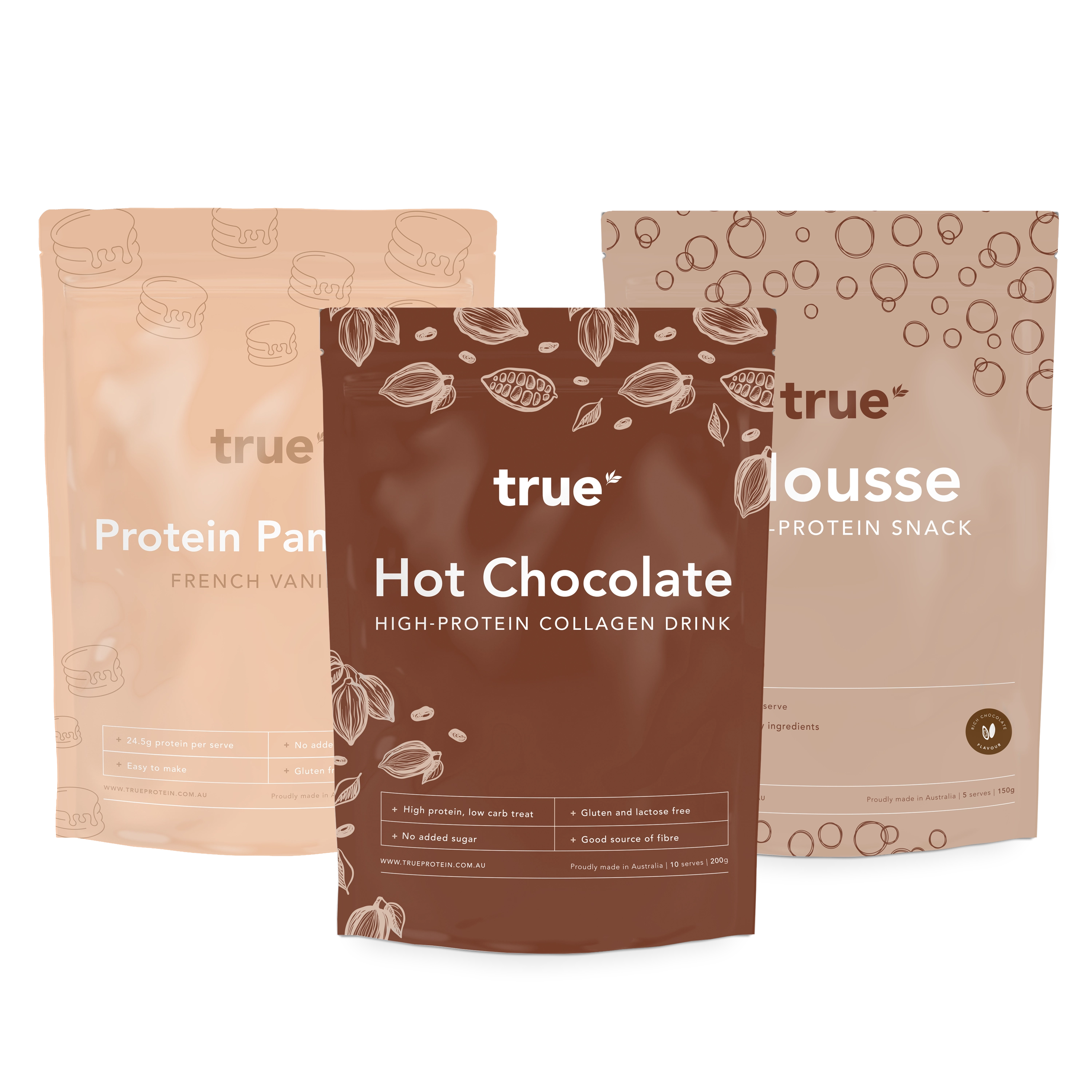 Protein Pancake, Hot Chocolate, and Protein Mousse in one bundle