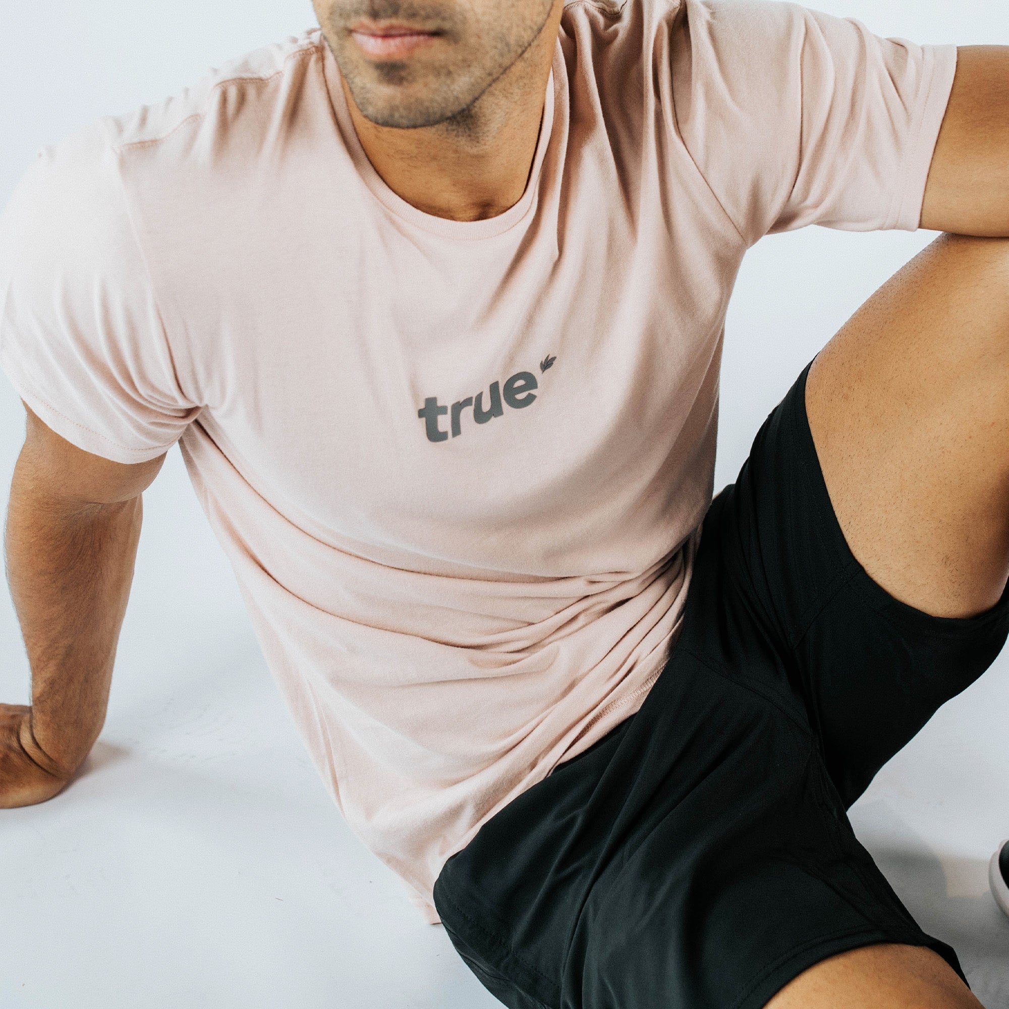 Men’s blush-pink crewneck T-shirt with grey “true” logo, slim fit casual activewear styled with black athletic shorts — seated studio product photo for US online apparel store