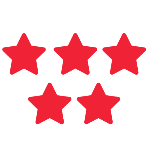 Five red stars 5‑star rating icon badge — product review/quality rating graphic.