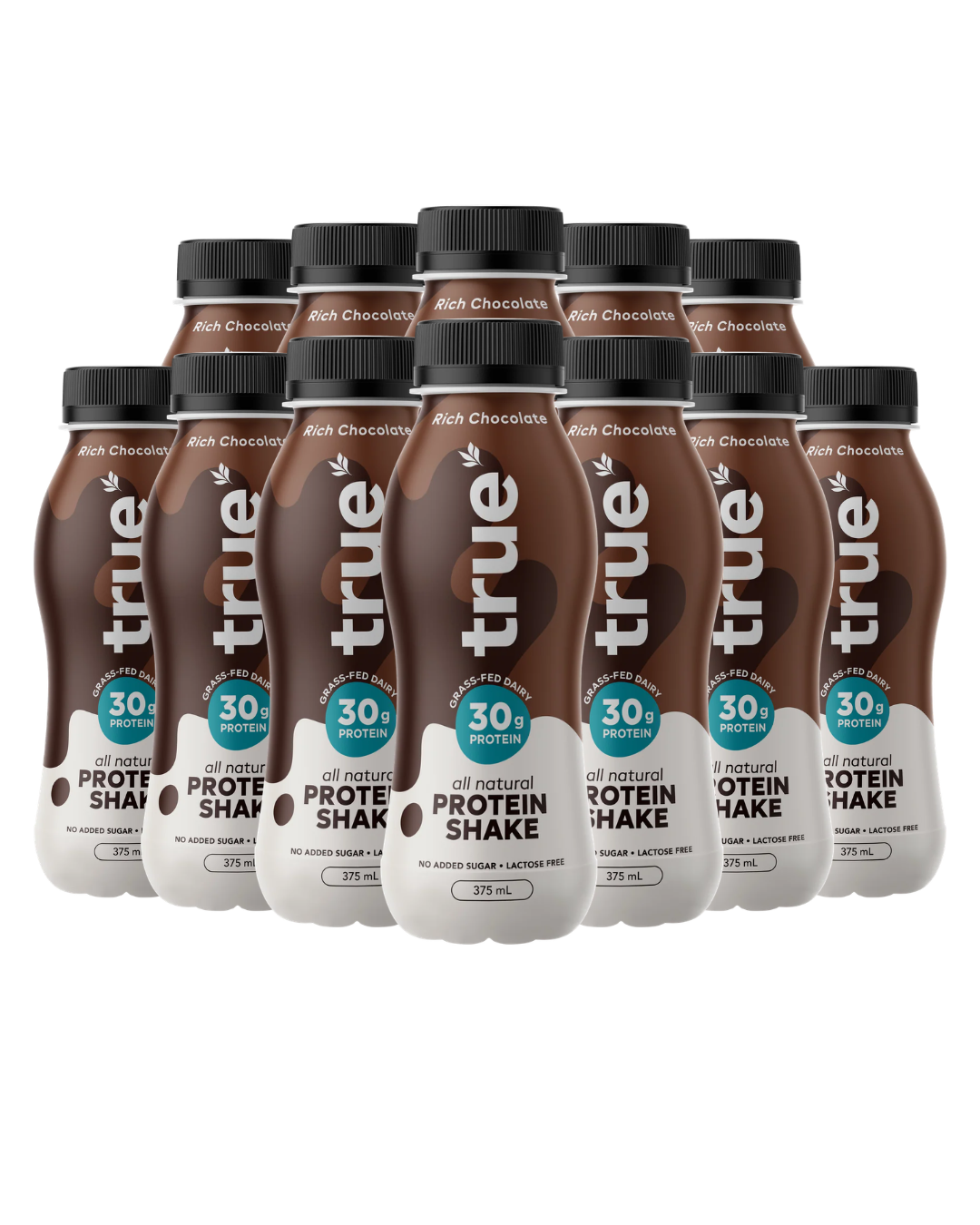 Multiple bottles of true protein shake in rich chocolate flavour on a white background