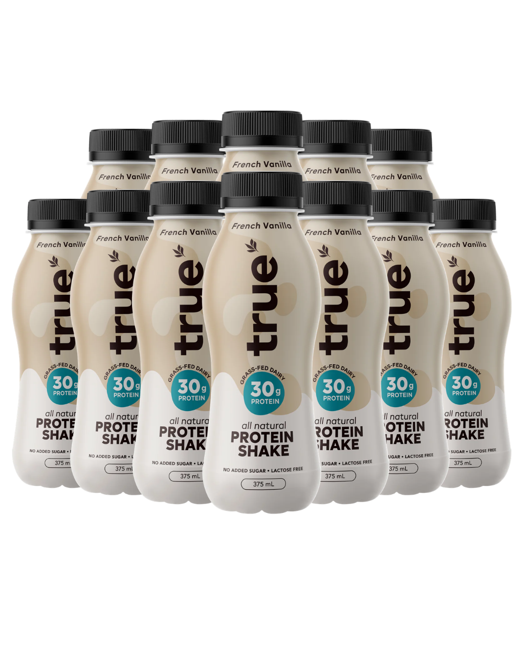 Multiple bottles of true protein shake in french vanilla flavour on a white background