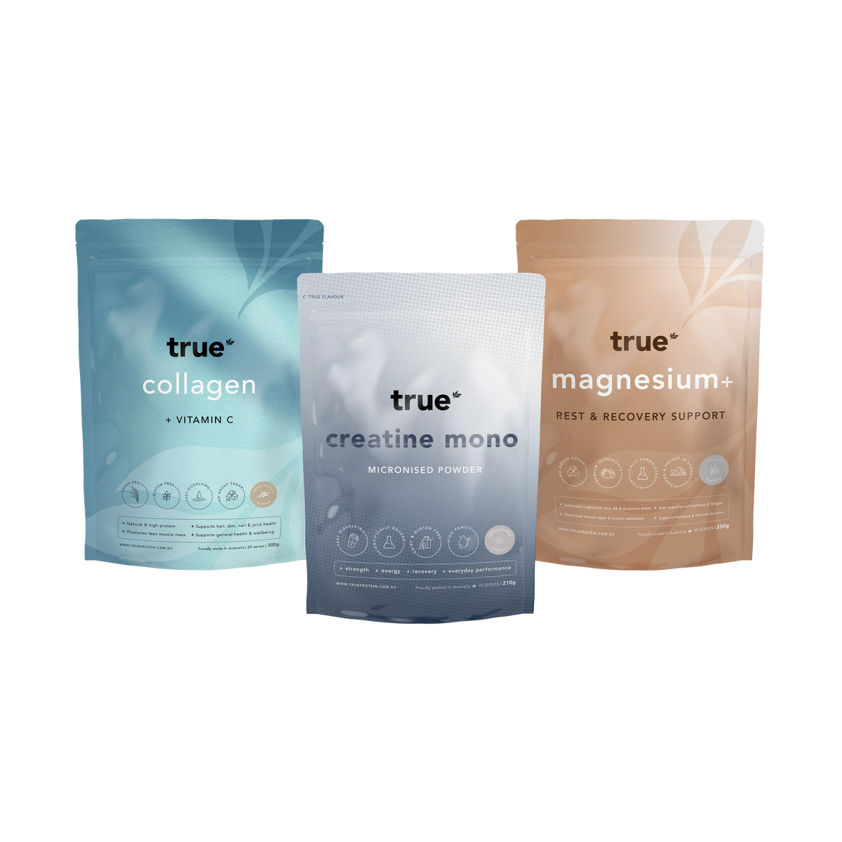 Three stand-up pouches of True Protein supplements on a plain white background: a blue collagen + vitamin C pouch, a white-to-blue creatine mono micronised powder pouch, and a beige magnesium+ rest &amp; recovery support pouch.