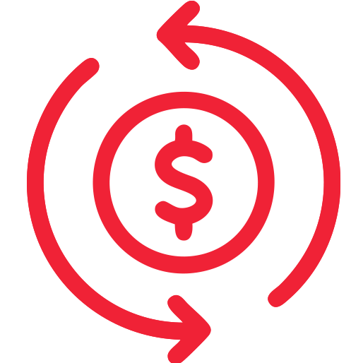 Red money-back guarantee icon: dollar sign inside a coin with circular arrows representing refund and return policy.