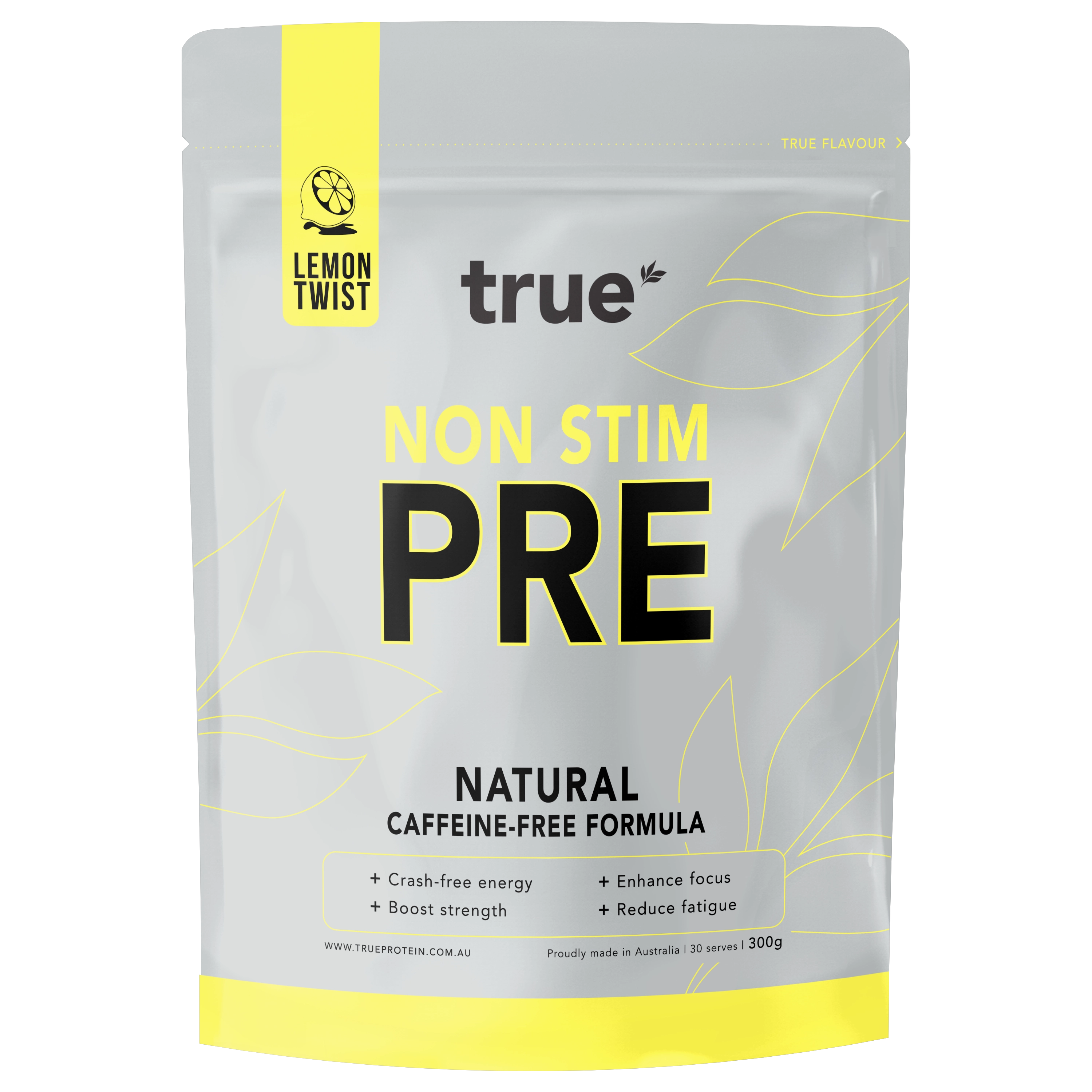 True Non Stim PRE natural caffeine-free pre-workout powder pouch Lemon Twist flavor 300g — made in Australia, True Protein packaging.