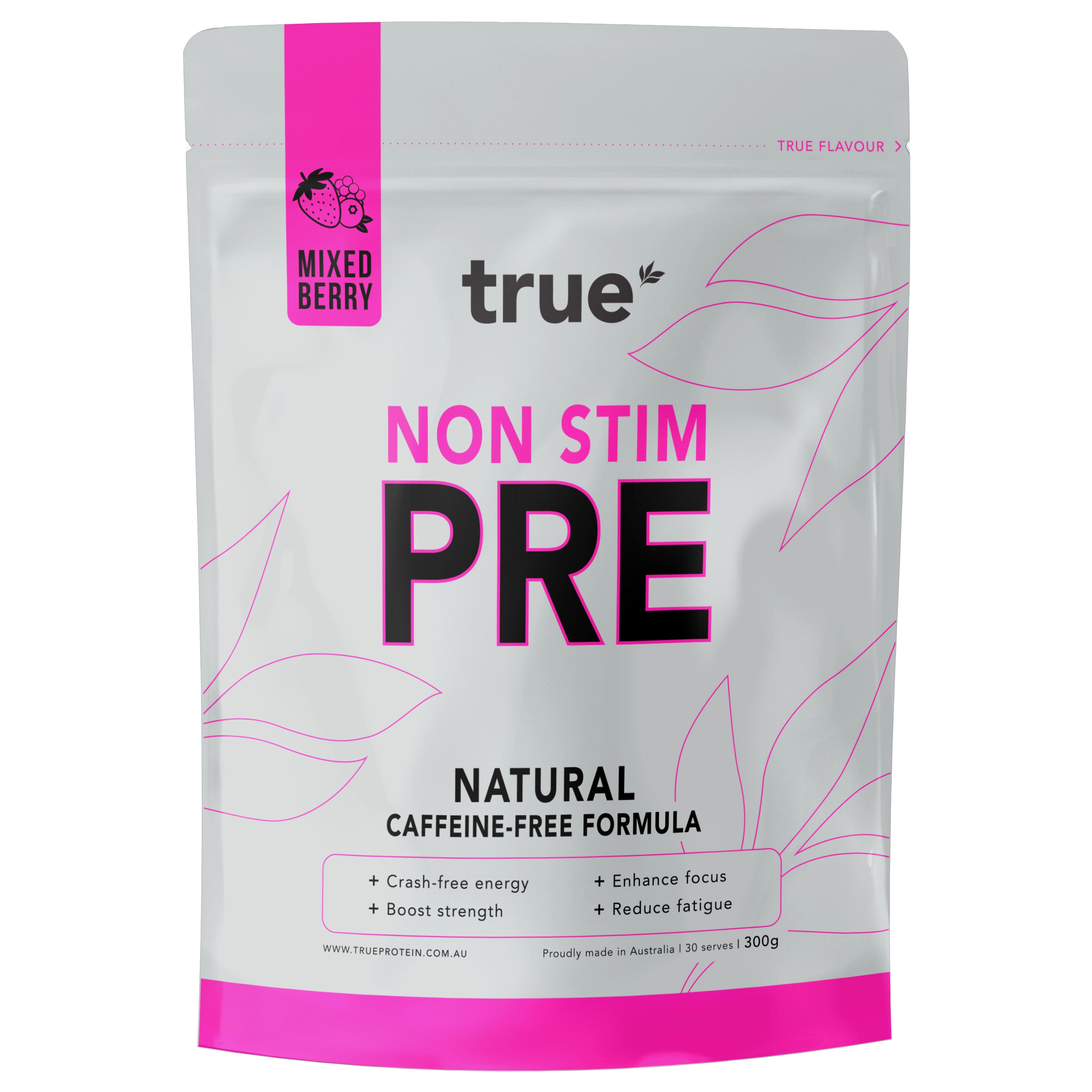 True Protein Non Stim PRE natural caffeine-free pre-workout pouch, Mixed Berry flavor, 300g, pink-white packaging — made in Australia