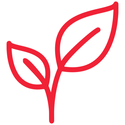 Red outlined two-leaf sprout icon representing plant-based nutrition, organic food and healthy eating logo