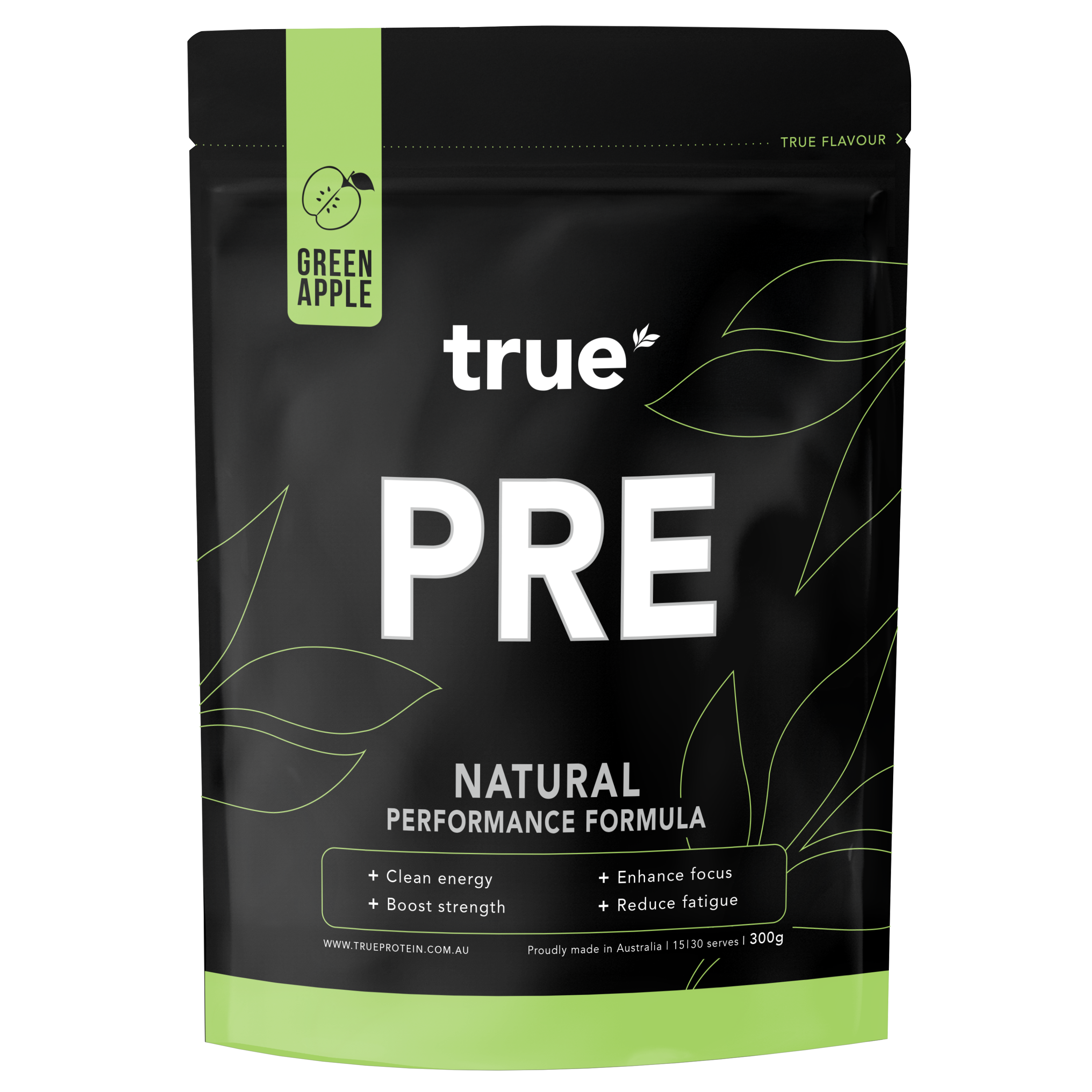 True PRE natural performance formula pre-workout powder — Green Apple flavour 300g pouch by True Protein, made in Australia