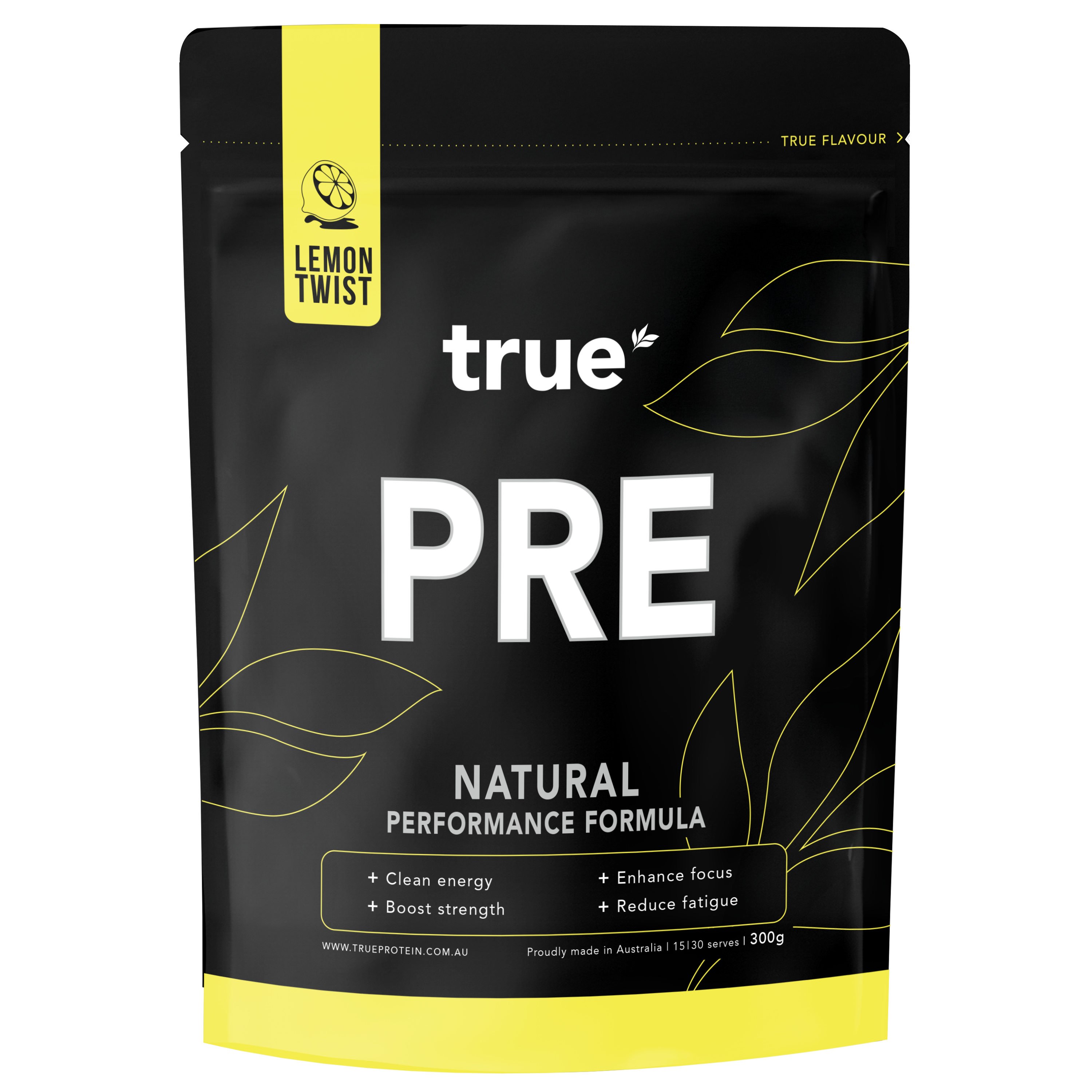 True PRE natural performance pre-workout powder pouch, Lemon Twist flavour, 300g, True Protein Australian-made packaging