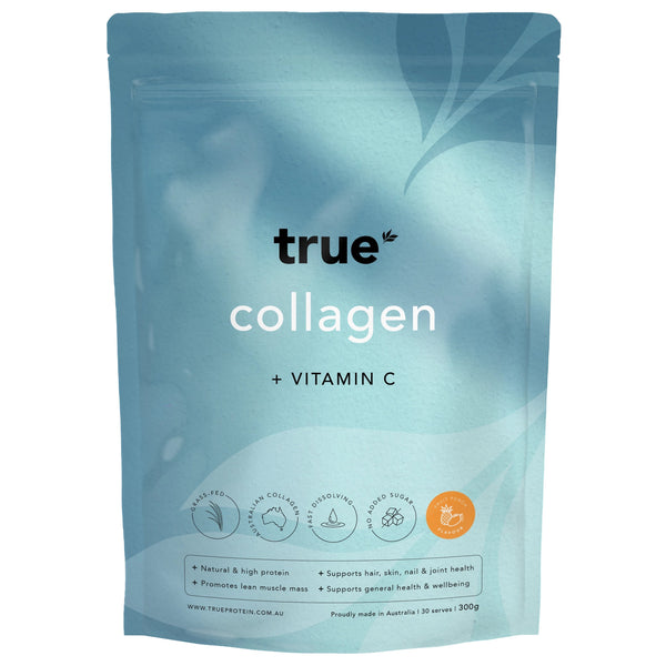 True Protein collagen powder pouch - blue 300g resealable bag labeled "collagen + Vitamin C", grass-fed Australian collagen, fruit punch flavor, supports hair skin nails joints, made in Australia, supplement packaging.