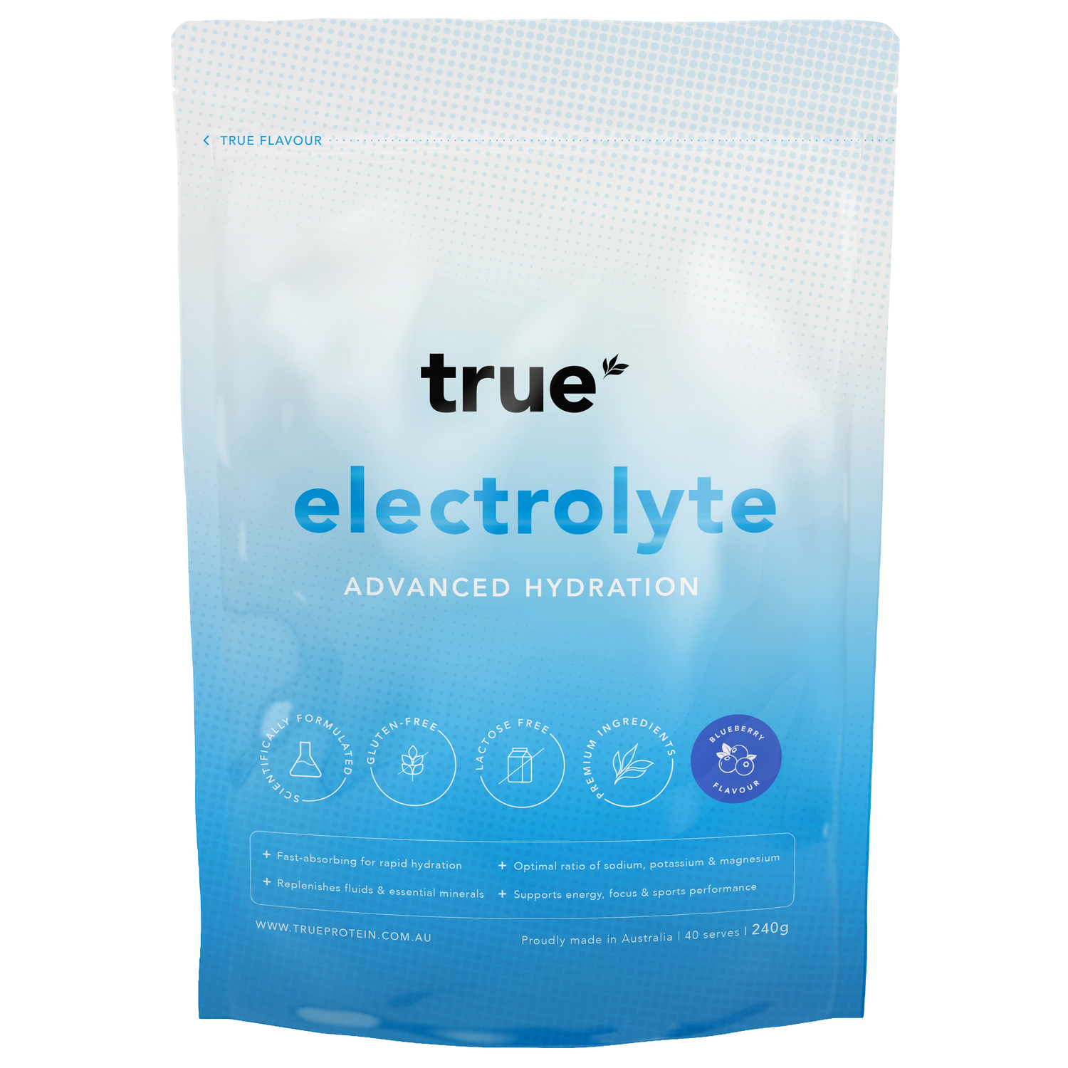 True Electrolyte advanced hydration powder blueberry flavour 240g resealable pouch — True Protein electrolyte drink mix for sports, rapid hydration, sodium potassium magnesium formula, proudly made in Australia.