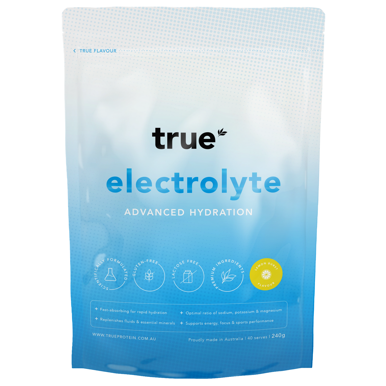 True Electrolyte advanced hydration powder pouch – True brand lemon burst flavor, 240g (40 serves), electrolyte drink mix for fast hydration, proudly made in Australia