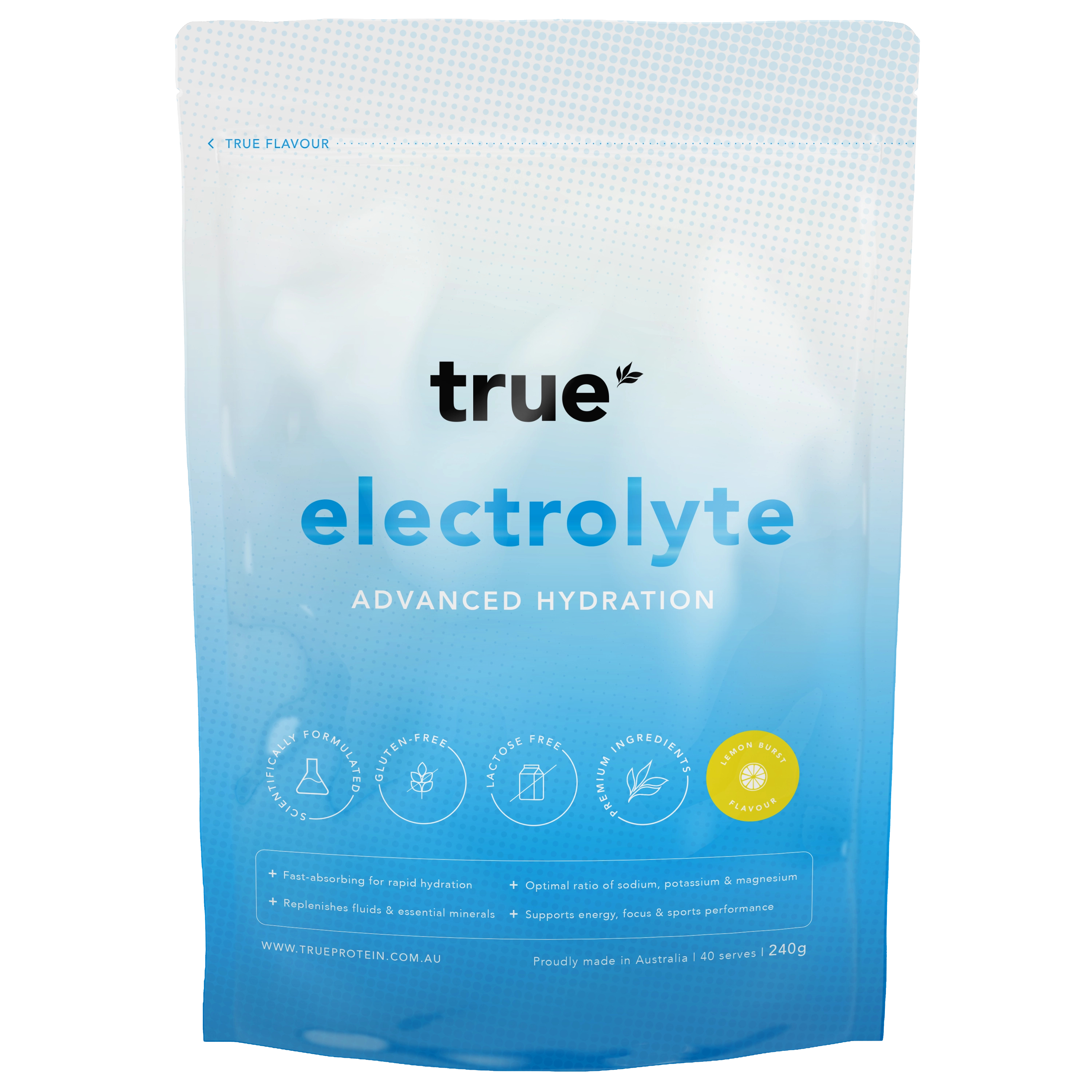 True Electrolyte advanced hydration powder pouch – True brand lemon burst flavor, 240g (40 serves), electrolyte drink mix for fast hydration, proudly made in Australia