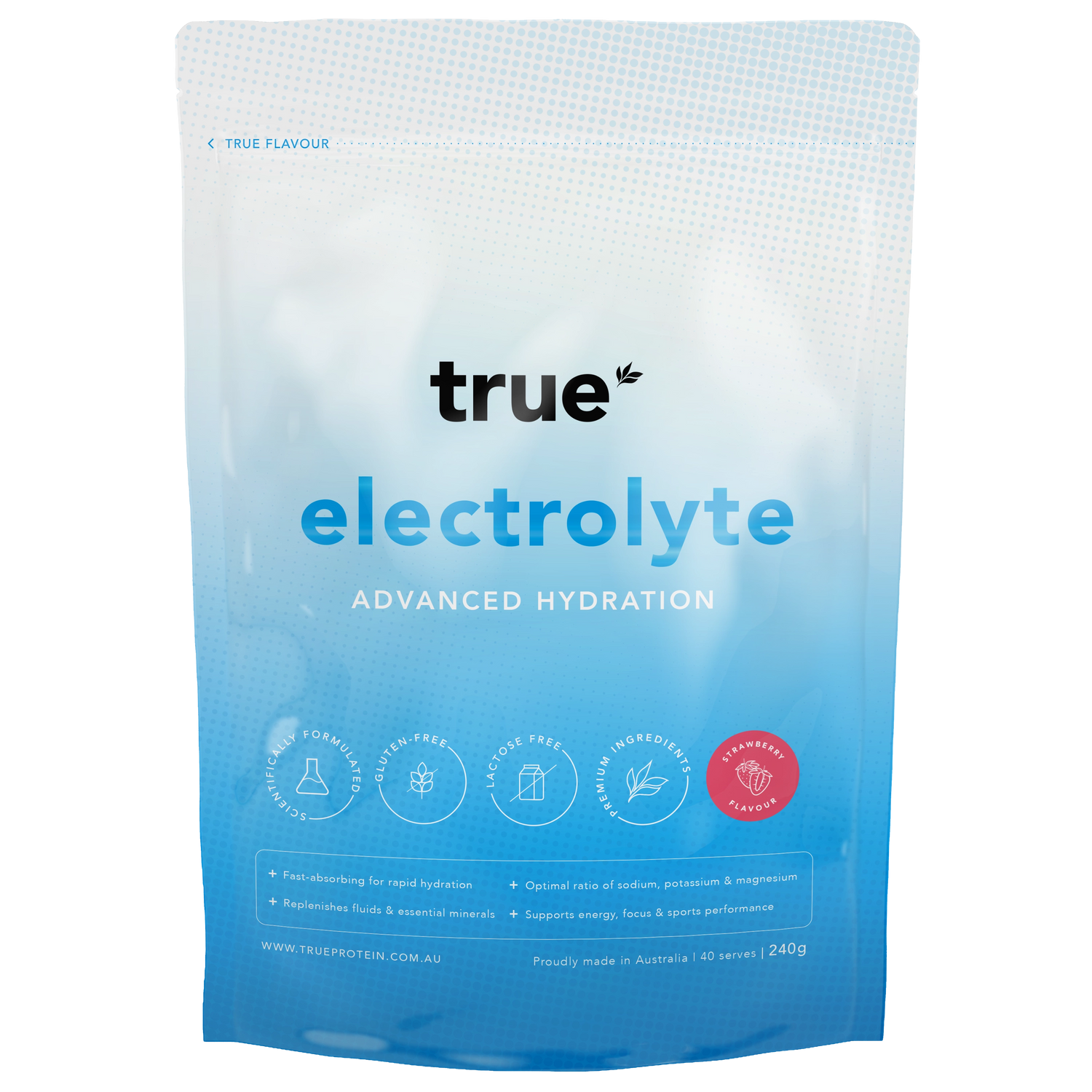 True electrolyte hydration powder pouch by True — strawberry flavour 240g (40 serves), blue-white gradient resealable bag, "Advanced Hydration" label, gluten‑free/lactose‑free icons, made in Australia — sports drink electrolyte powder packaging.