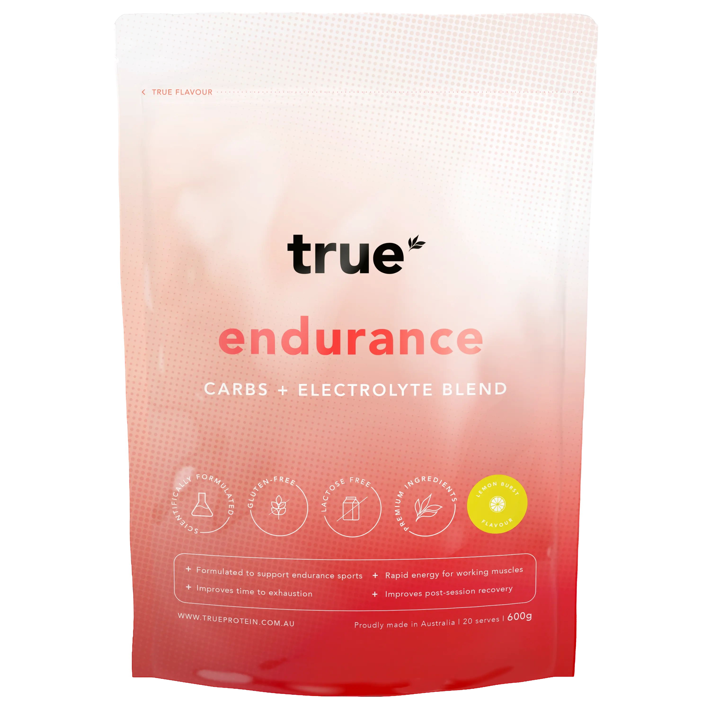 True Protein Endurance carbs + electrolyte blend pouch, lemon burst flavour 600g – pink gradient resealable sports drink powder pouch, made in Australia.