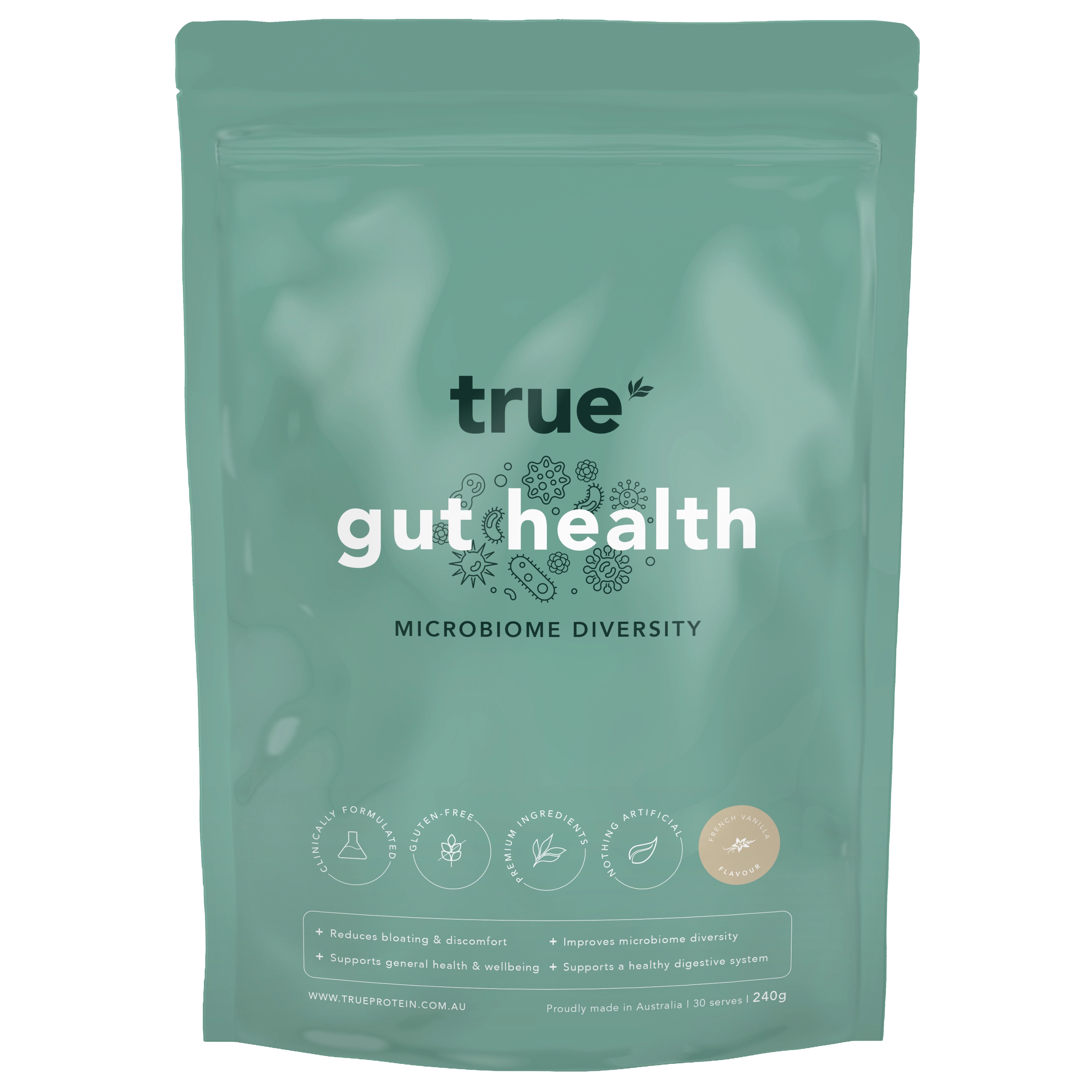 True Gut Health microbiome diversity powder pouch by True Protein, teal resealable 240g supplement pack for digestive support, reduces bloating, premium ingredients, proudly made in Australia.