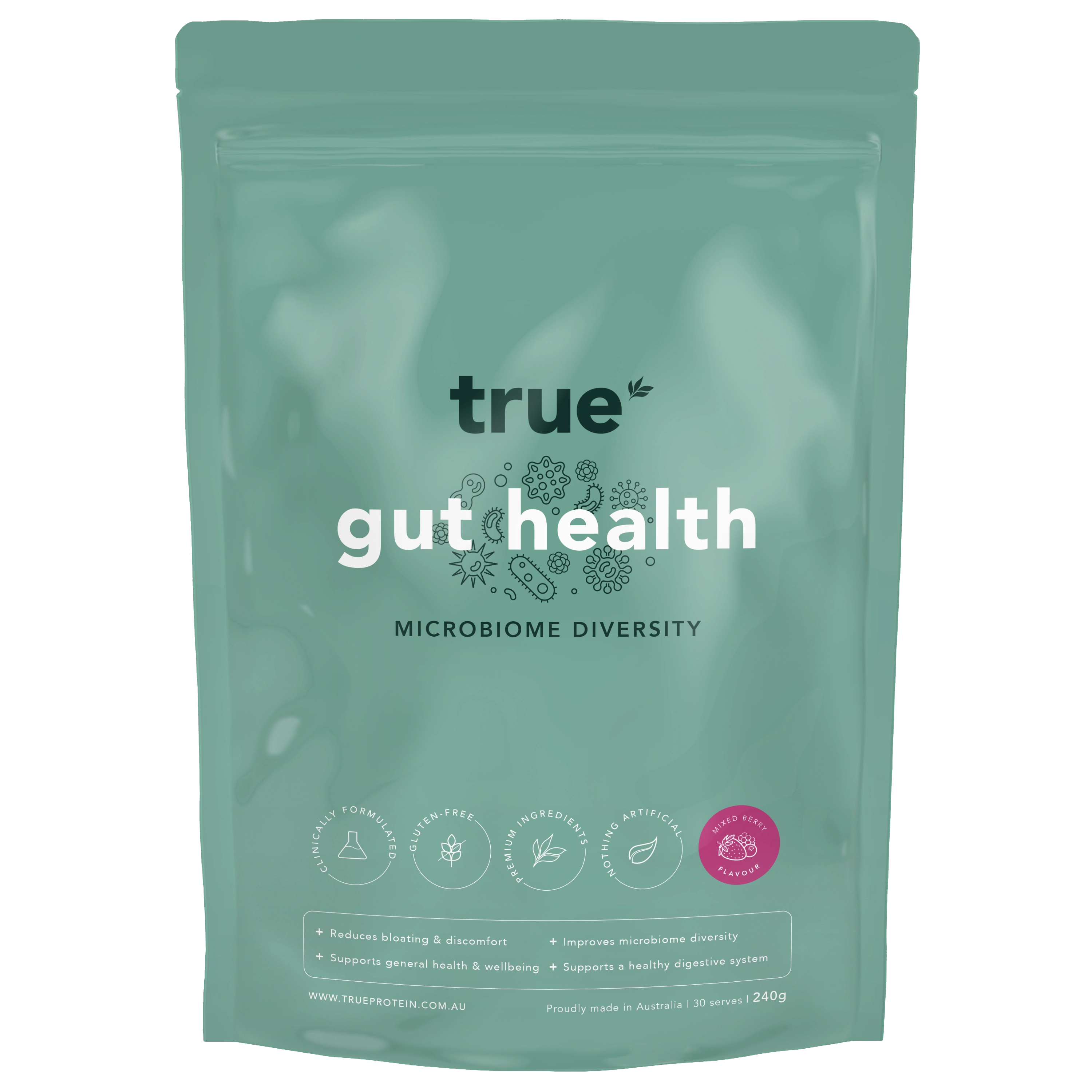 True Protein Gut Health microbiome diversity powder pouch, teal resealable 240g pack, mixed berry flavour, “true” logo and icons, Australian-made digestive health supplement ideal for improving gut microbiome diversity — Australia.