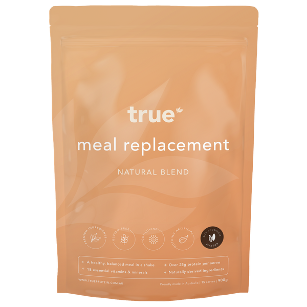 True meal replacement natural blend pouch by True Protein — 900g resealable orange pouch, rich chocolate flavour, over 25g protein per serve, 18 vitamins &amp; minerals, gluten-free, naturally derived ingredients, proudly made in Australia.