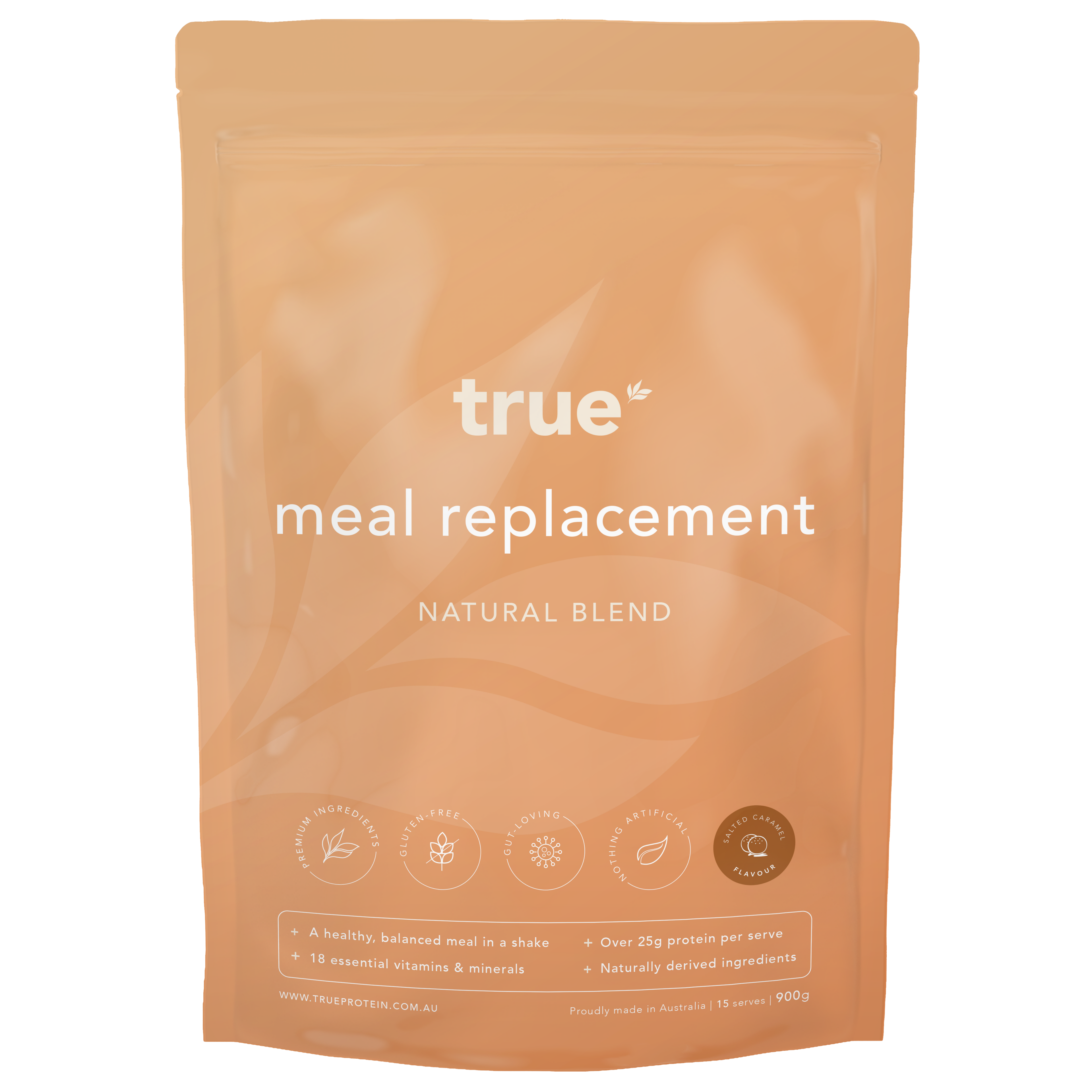 Front-facing True meal replacement Natural Blend pouch — Salted Caramel flavour, 900g resealable peach pouch, Australian-made meal replacement powder with 25g+ protein per serve, gluten-free and naturally derived ingredients.