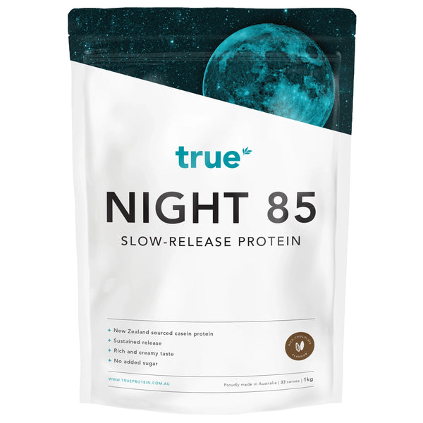 True Night 85 slow-release casein protein 1kg resealable white pouch, rich chocolate flavour, teal moon graphic, True Protein brand, made in Australia with New Zealand‑sourced casein