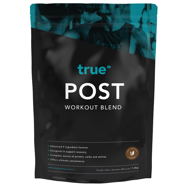 True Protein POST Workout Blend 1.6kg black resealable pouch — chocolate recovery protein powder, teal "true" logo, designed for post-workout recovery, made in Australia.