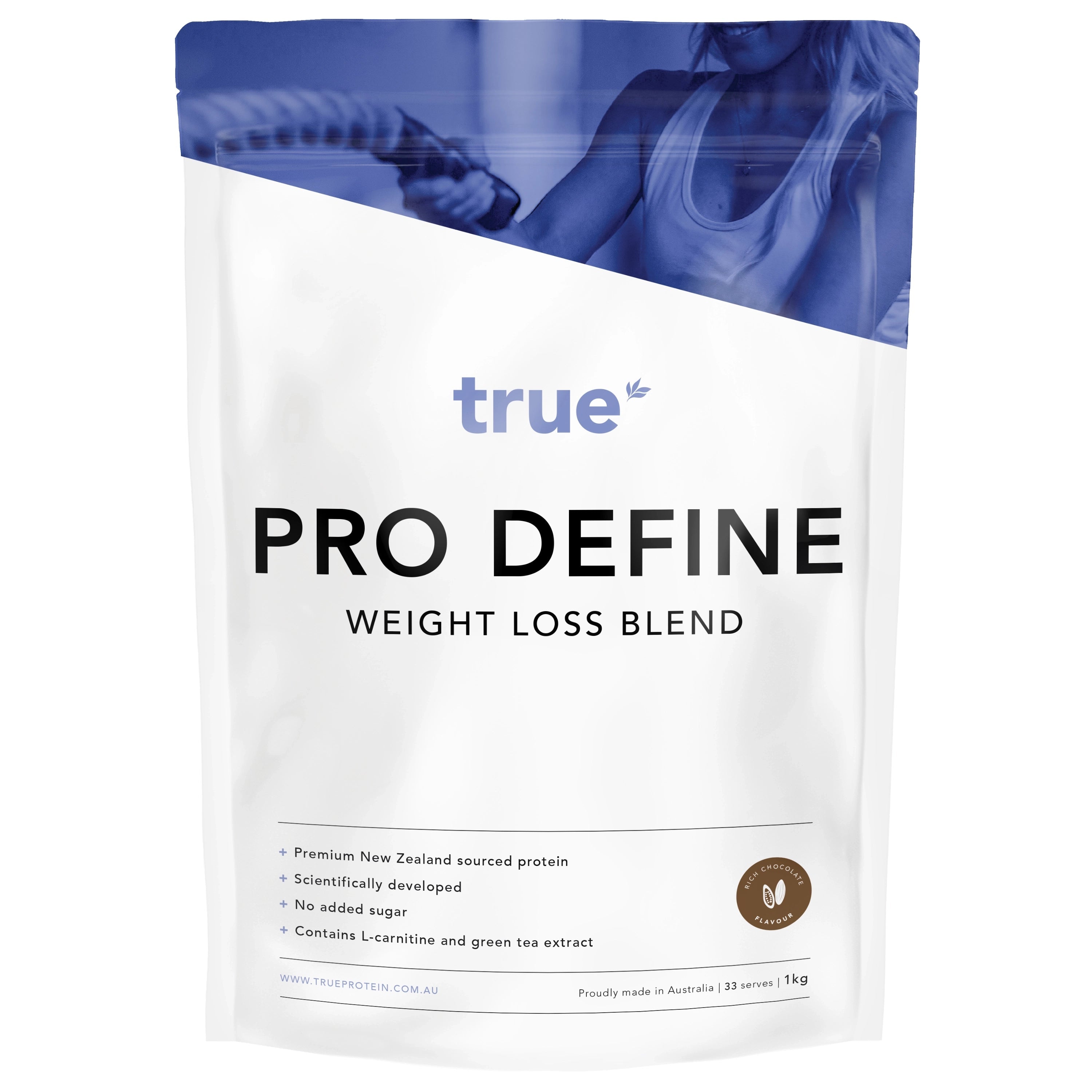 White resealable pouch of True Pro Define weight loss blend protein powder, 1kg, premium New Zealand–sourced protein, no added sugar, L‑carnitine and green tea extract, rich chocolate flavour, proudly made in Australia.