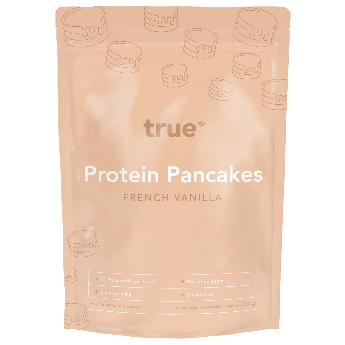 True Protein Protein Pancakes French Vanilla 300g resealable pouch, pale peach packaging with pancake icons — gluten free, no added sugar, 24.5g protein per serve, made in Australia.